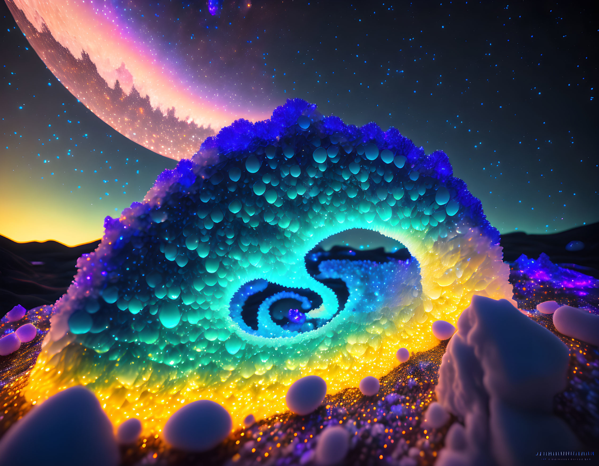 Digital art landscape: night scene with neon yin-yang, glowing orbs, and moon