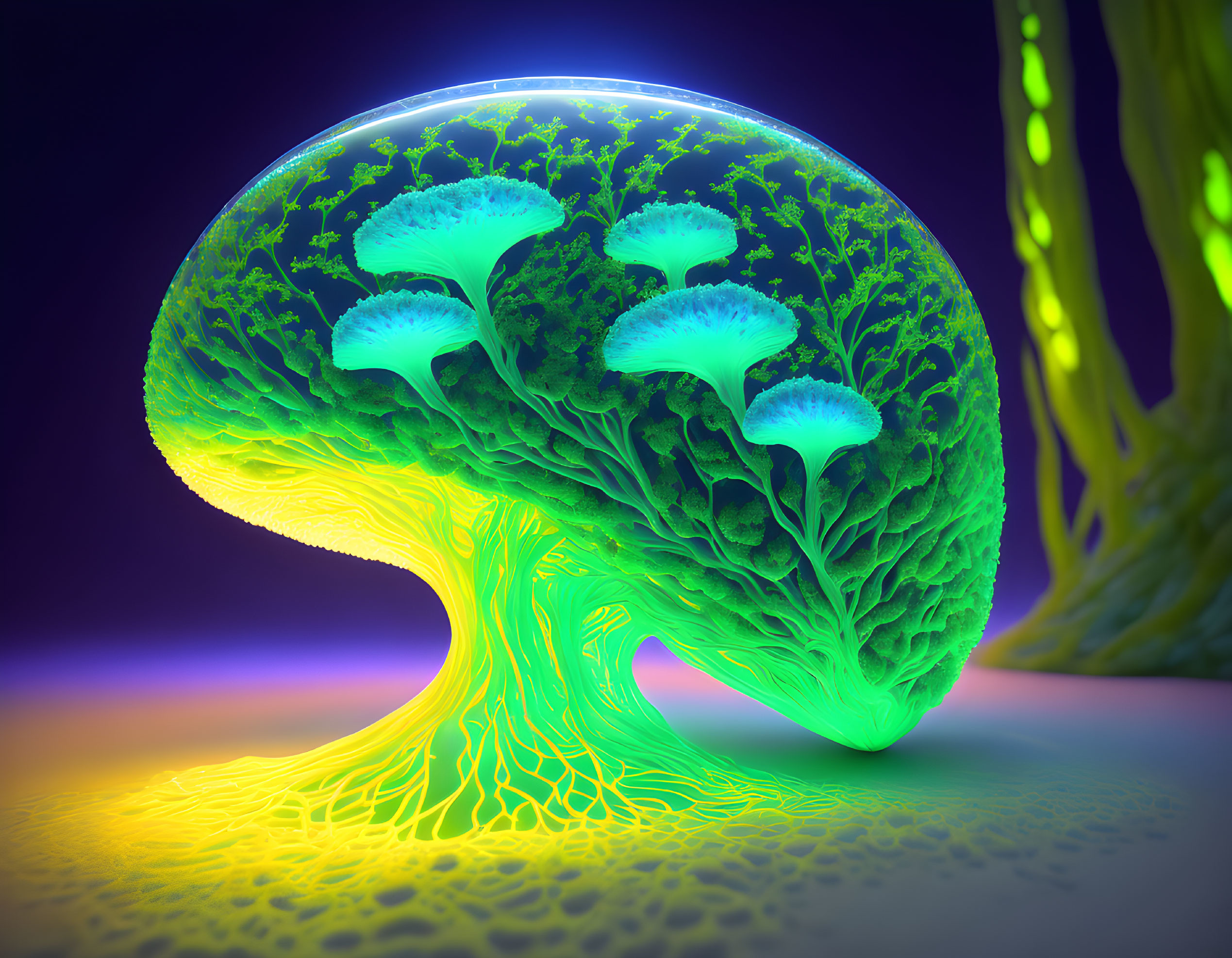 Vibrant glowing tree with jellyfish-like foliage under neon light