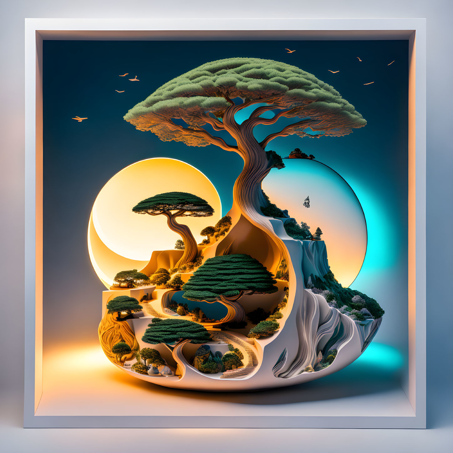 Surreal framed artwork: Tree in circular landscape with waterfalls, cliffs, smaller trees, and