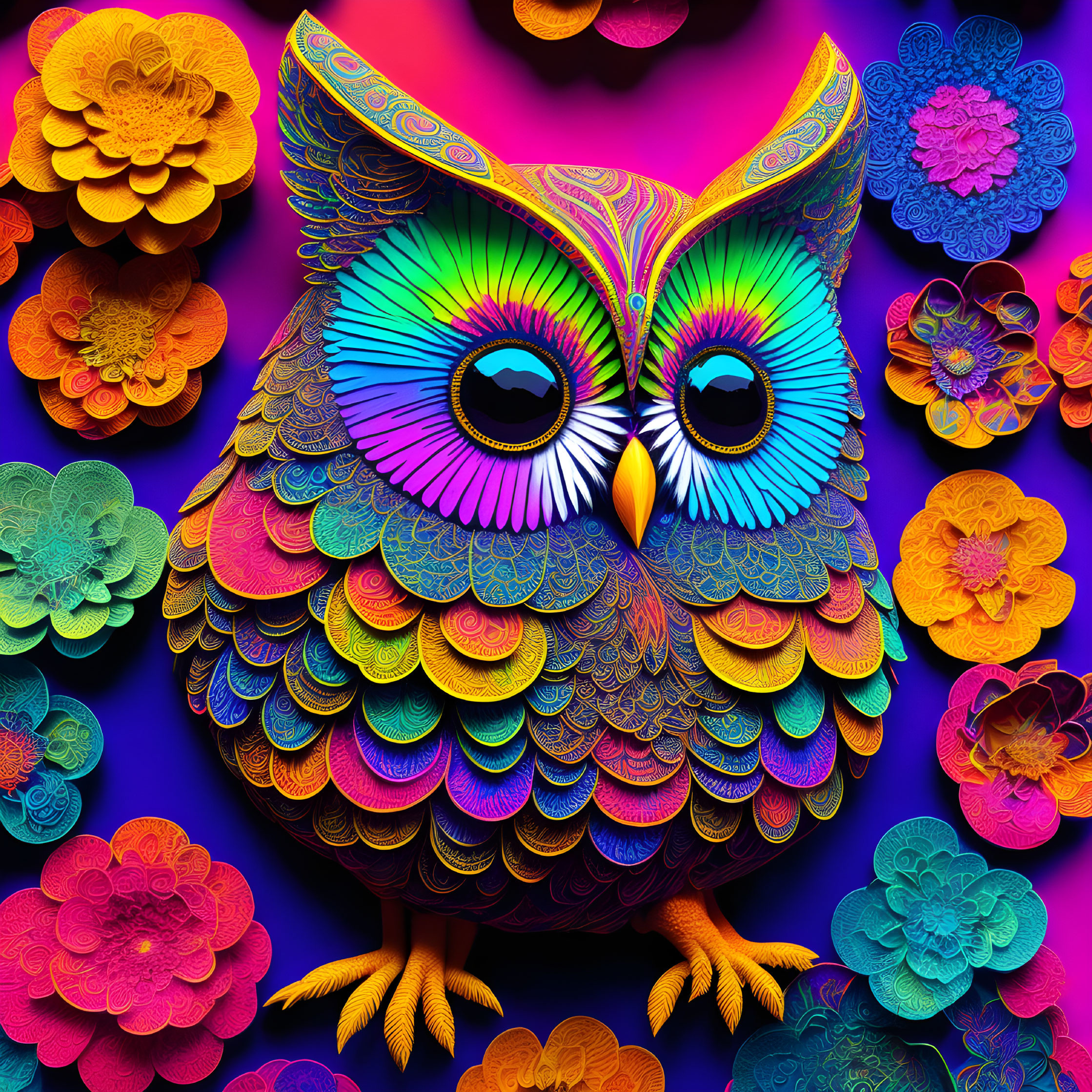 Multicolored owl digital artwork with floral background