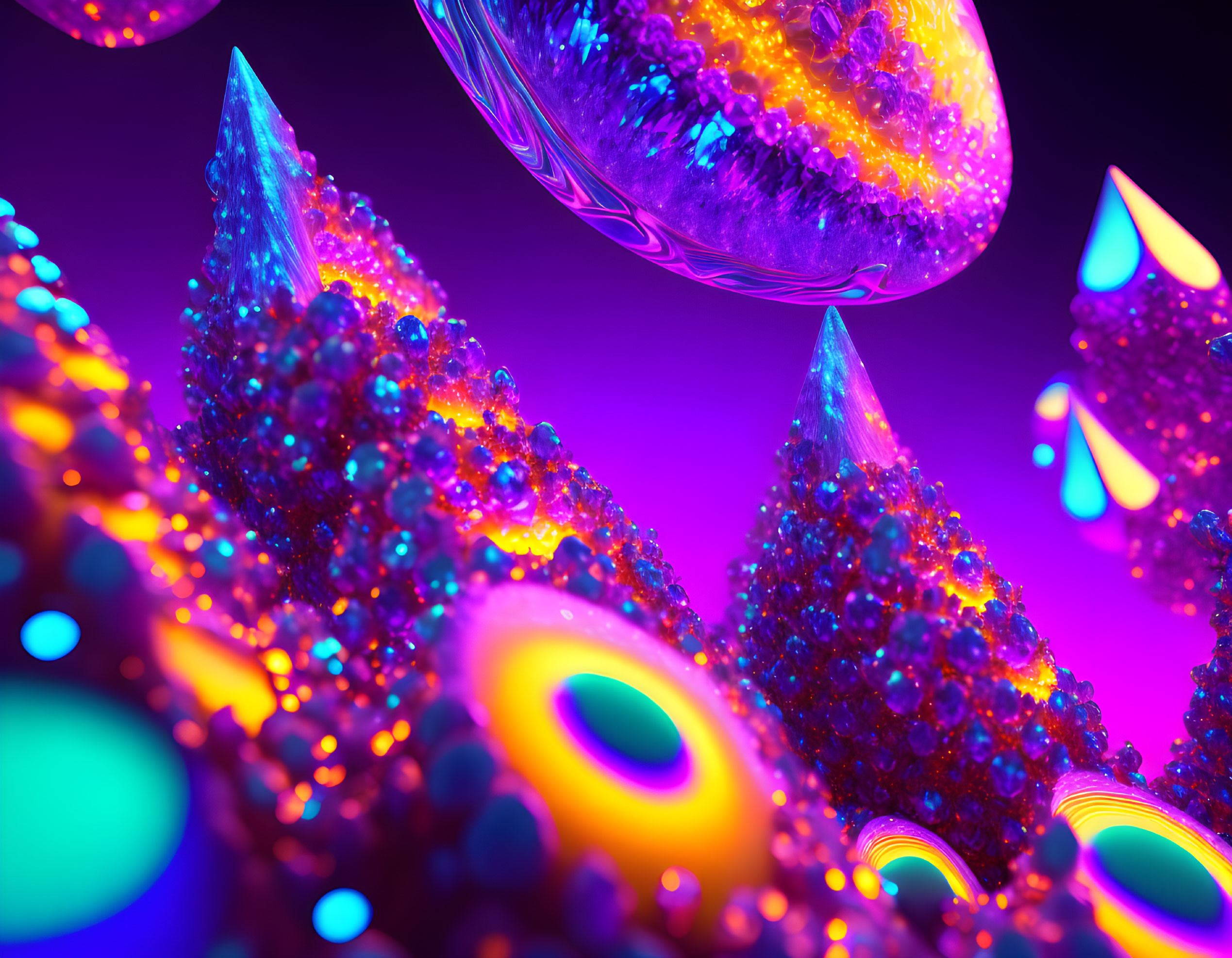 Abstract Neon Art: Vibrant Crystalline Structures & Floating Orbs