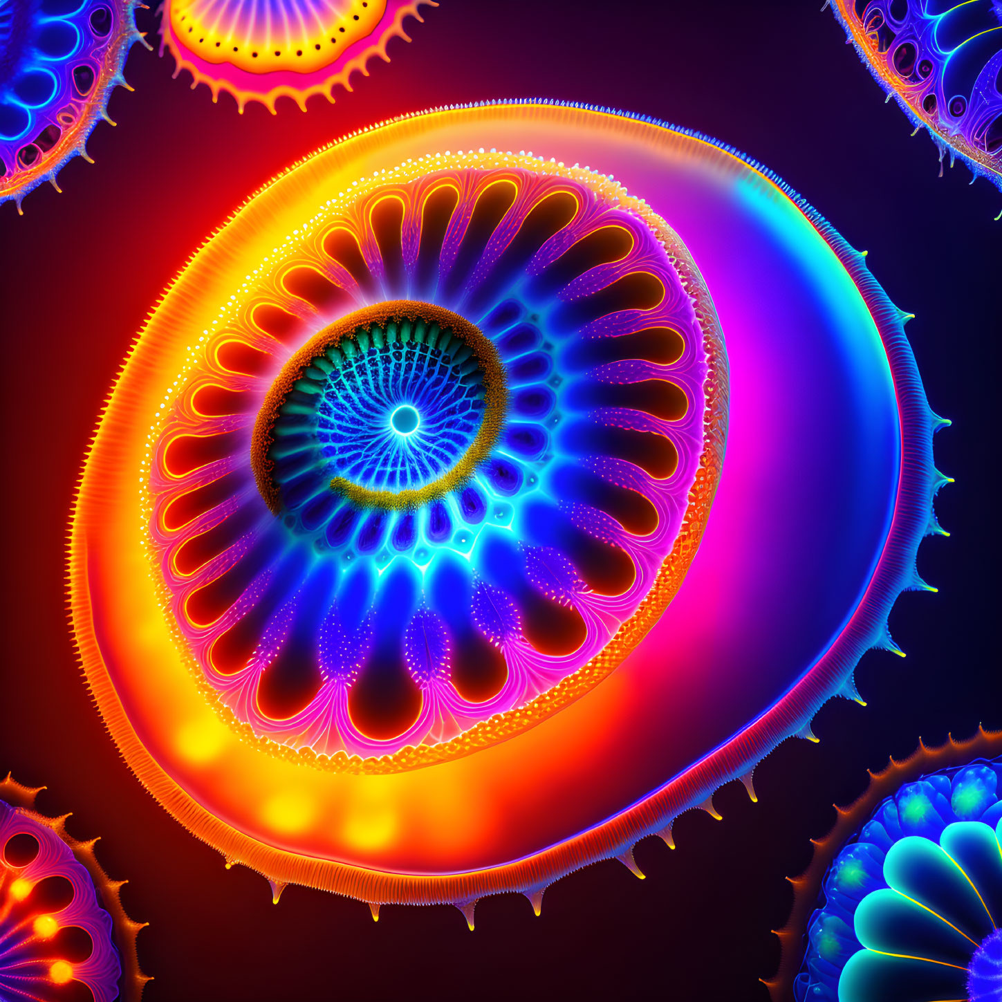 Colorful Mandala-Like Fractal Pattern in Blue, Orange, and Purple