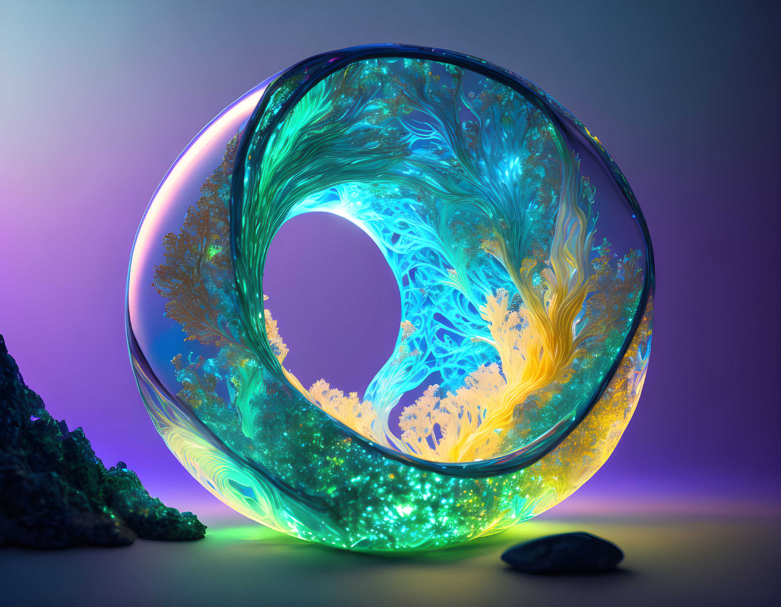 Colorful Fractal Art: Torus Design in Blue, Green, and Orange on Purple Background