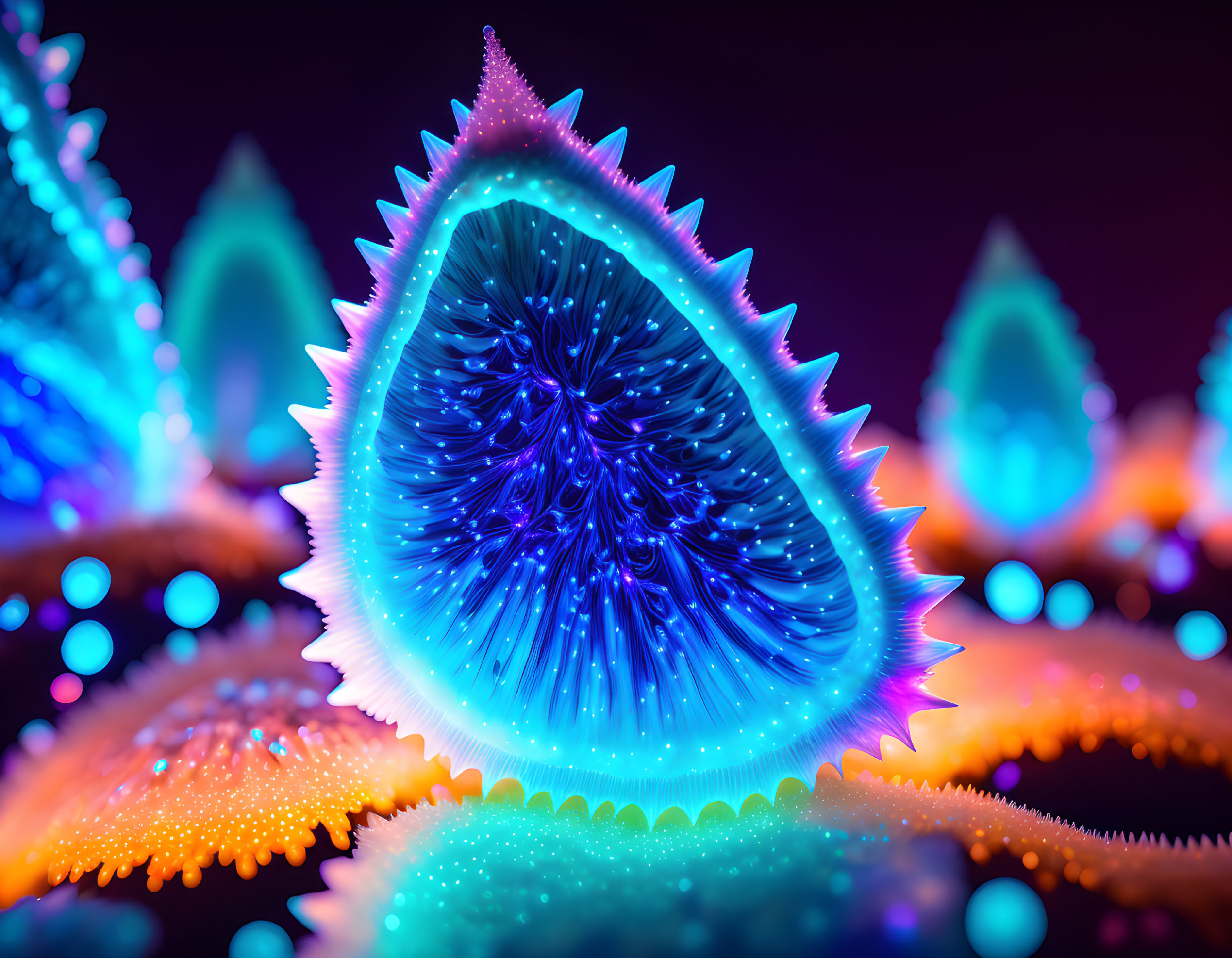 Neon-colored digital artwork of a luminescent, fractal-patterned structure