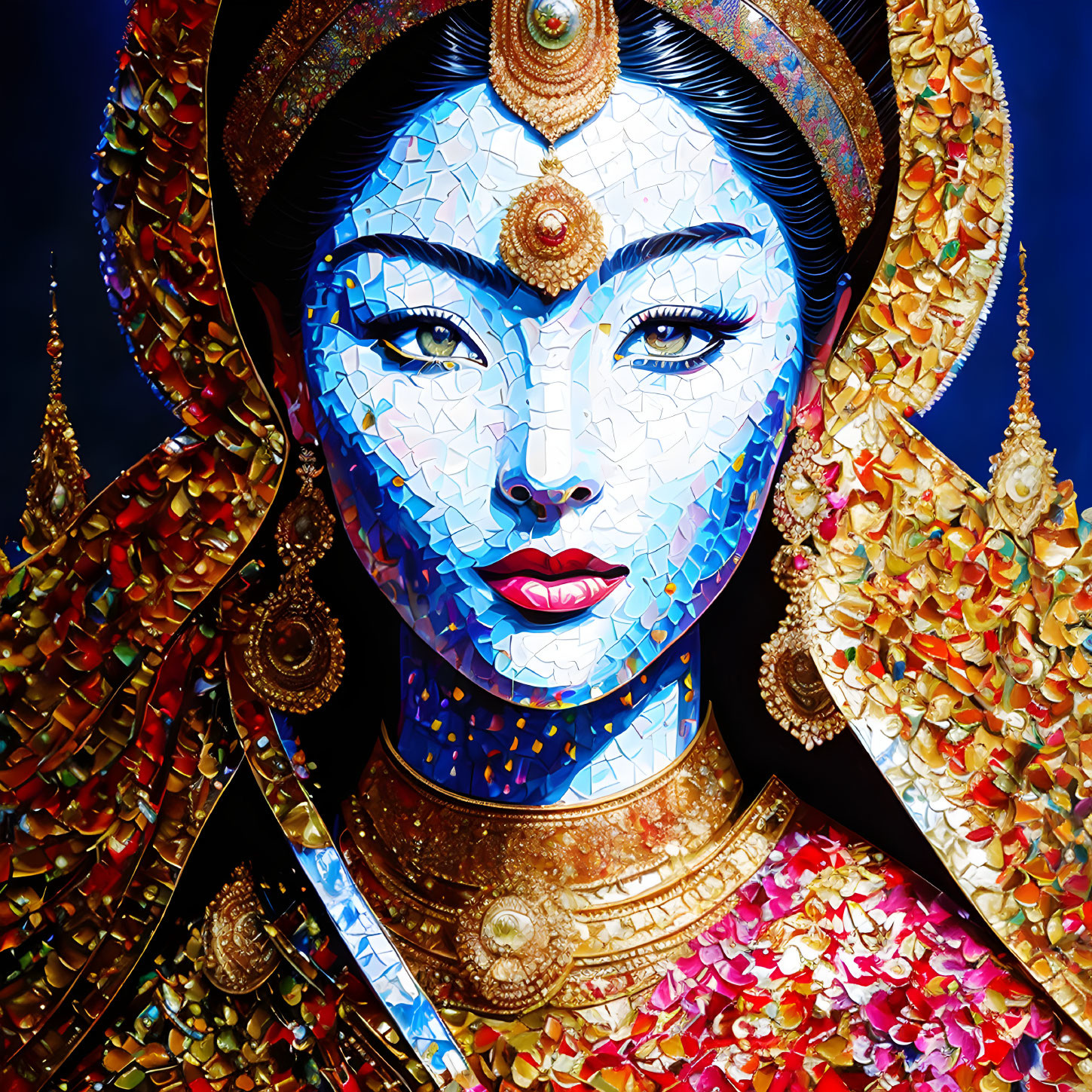 Colorful mosaic artwork of woman in traditional attire with jewelry on dark background