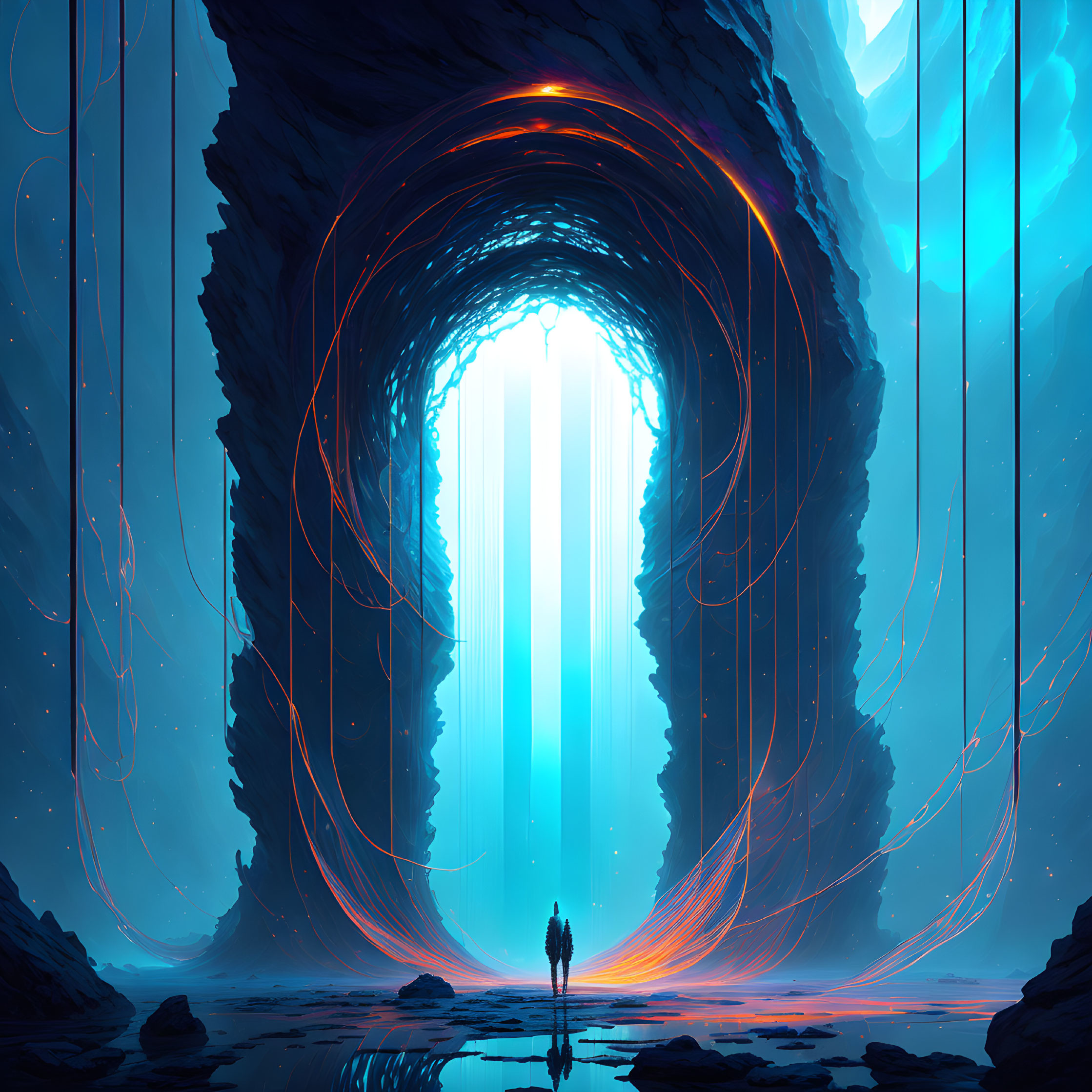 Mysterious lone figure in front of futuristic portal with blue light