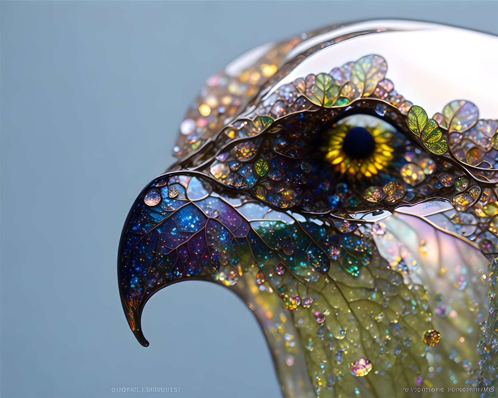 Colorful iridescent soap bubble close-up on soft blue background