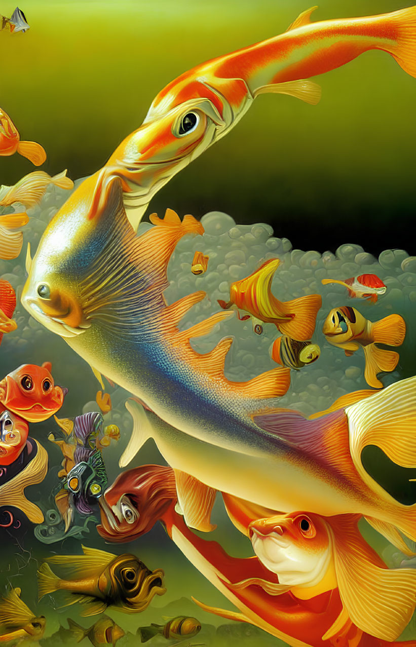 Colorful Digital Art: Golden Fish Among Vibrant Aquatic Life