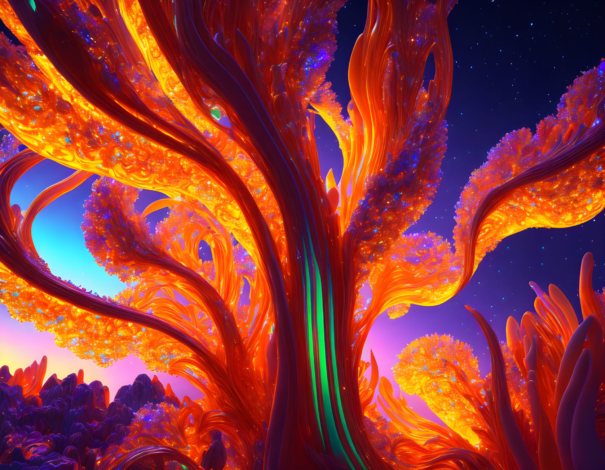 Colorful Neon Fantasy Tree Under Starry Sky in Digital Art