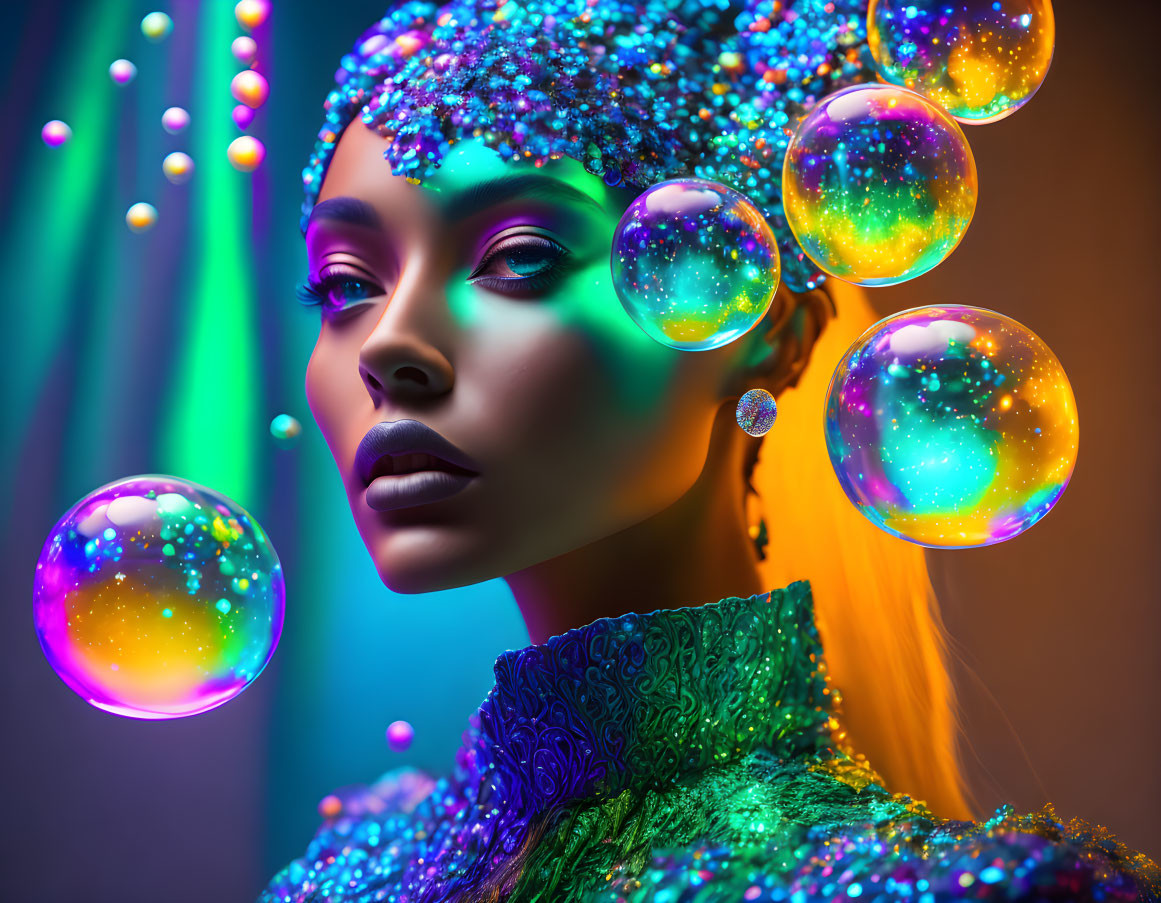 Vibrant portrait of a woman with colorful makeup and iridescent bubbles on gradient backdrop