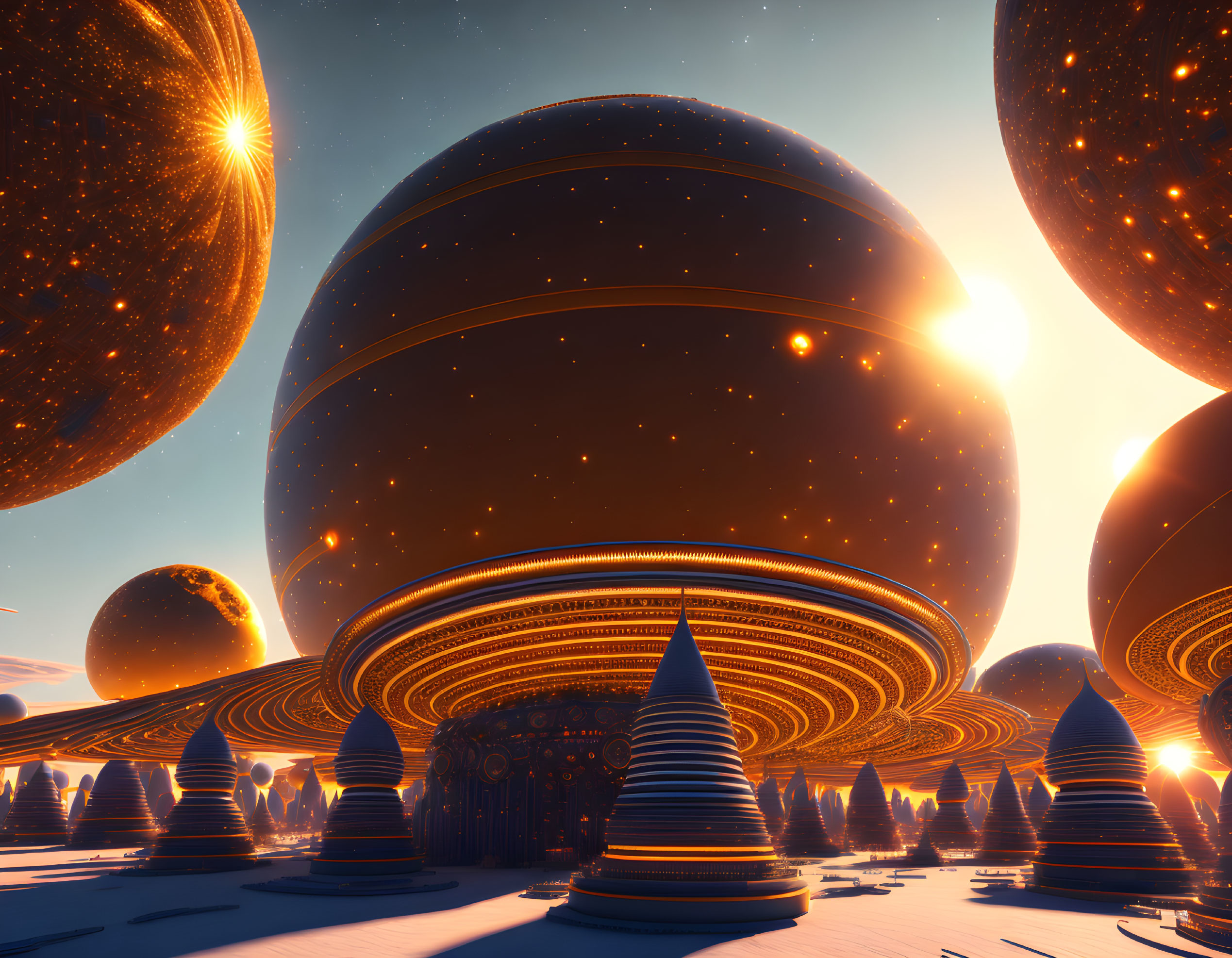 Futuristic landscape with ringed planets in orange sky over alien surface