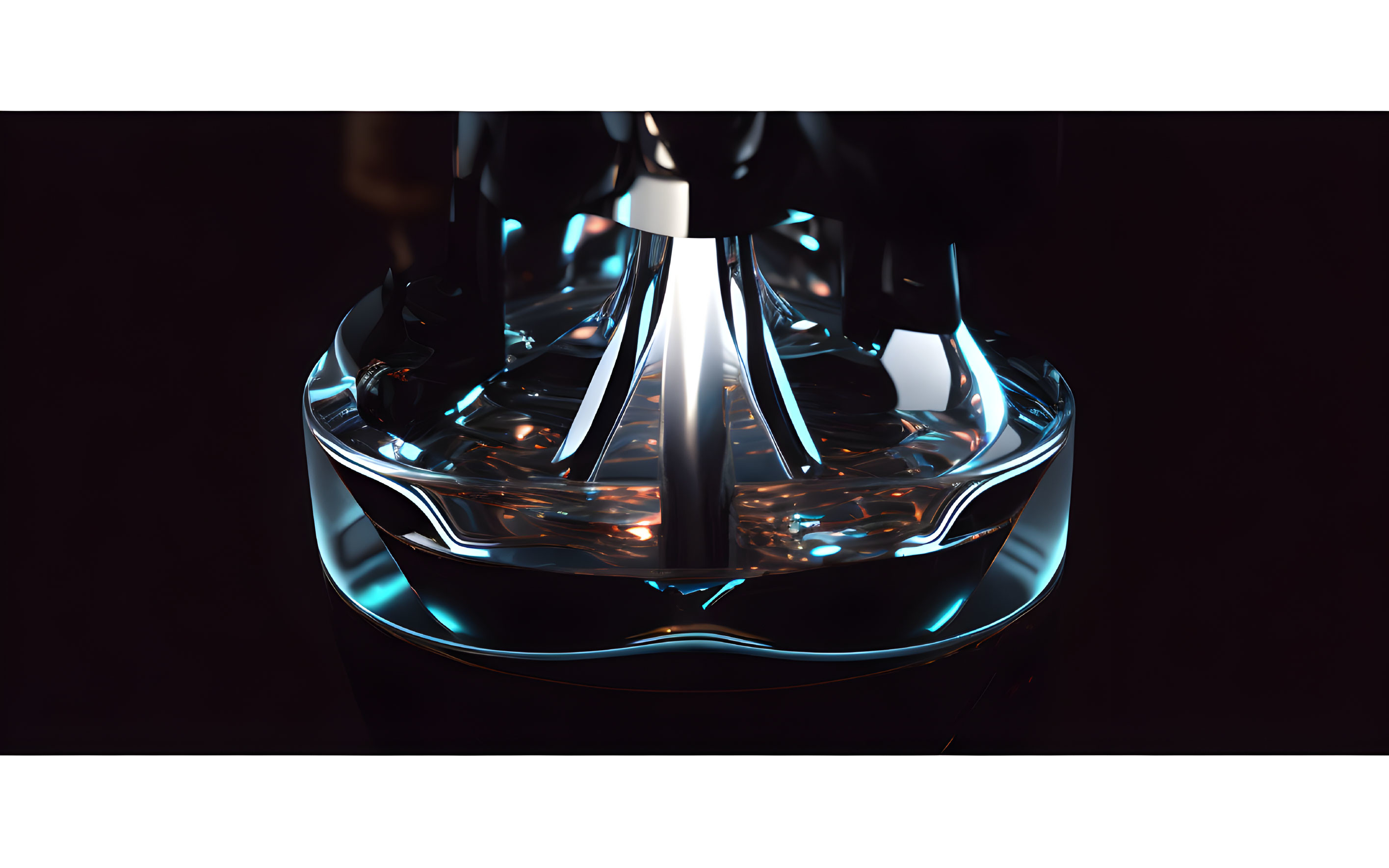 Futuristic 3D render of glossy object with sleek lines and blue highlights