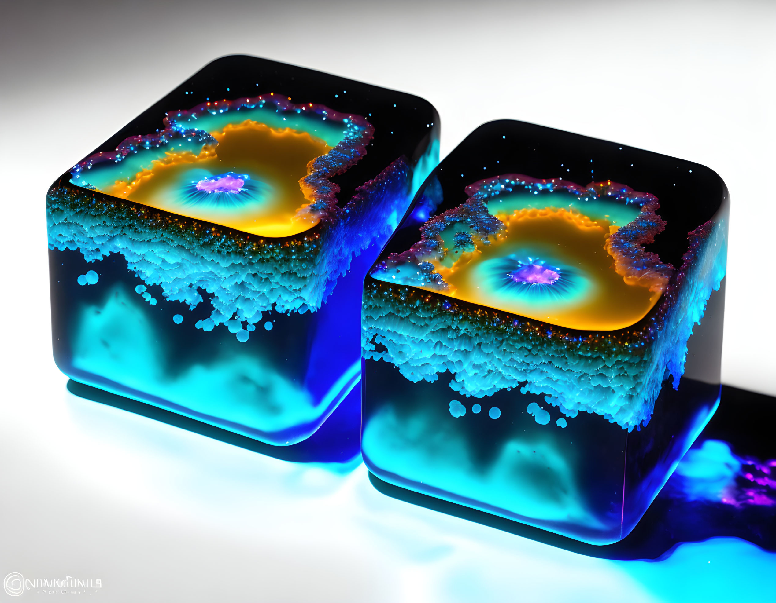 Luminescent resin art cubes with blue and orange geode-like patterns