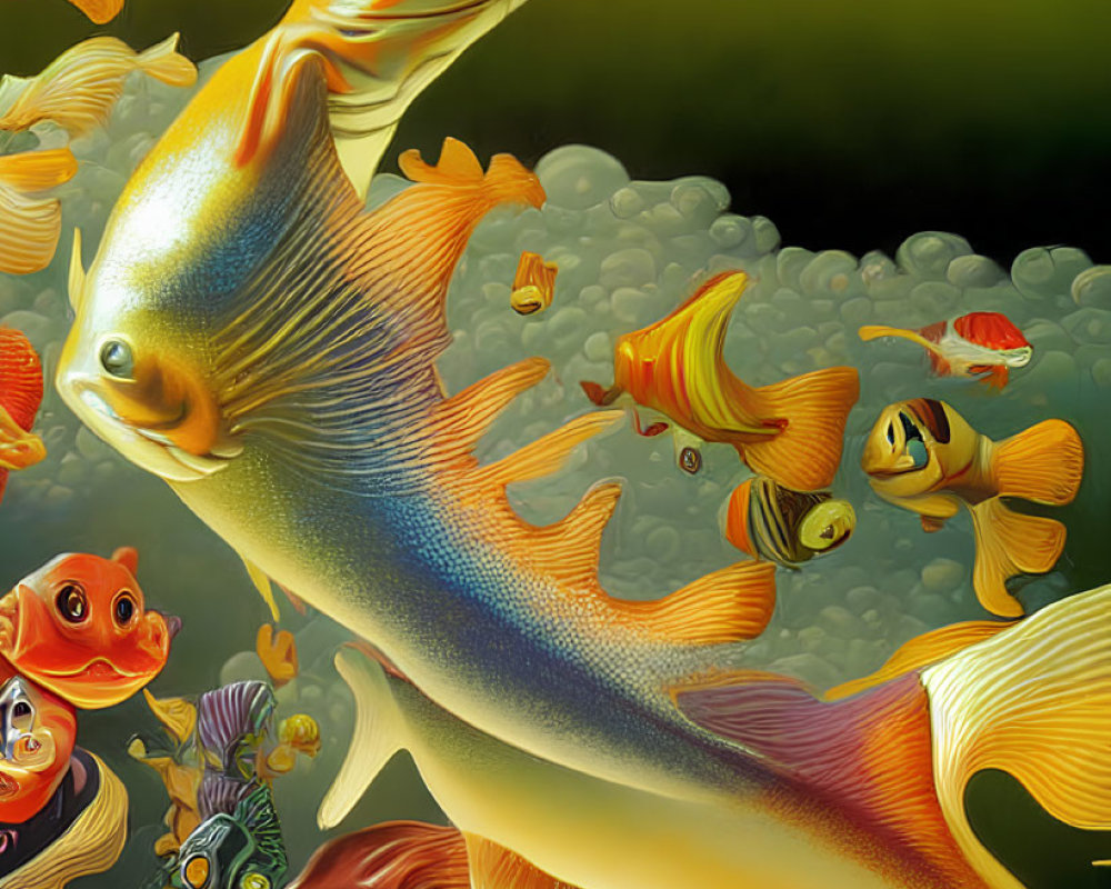 Colorful Digital Art: Golden Fish Among Vibrant Aquatic Life