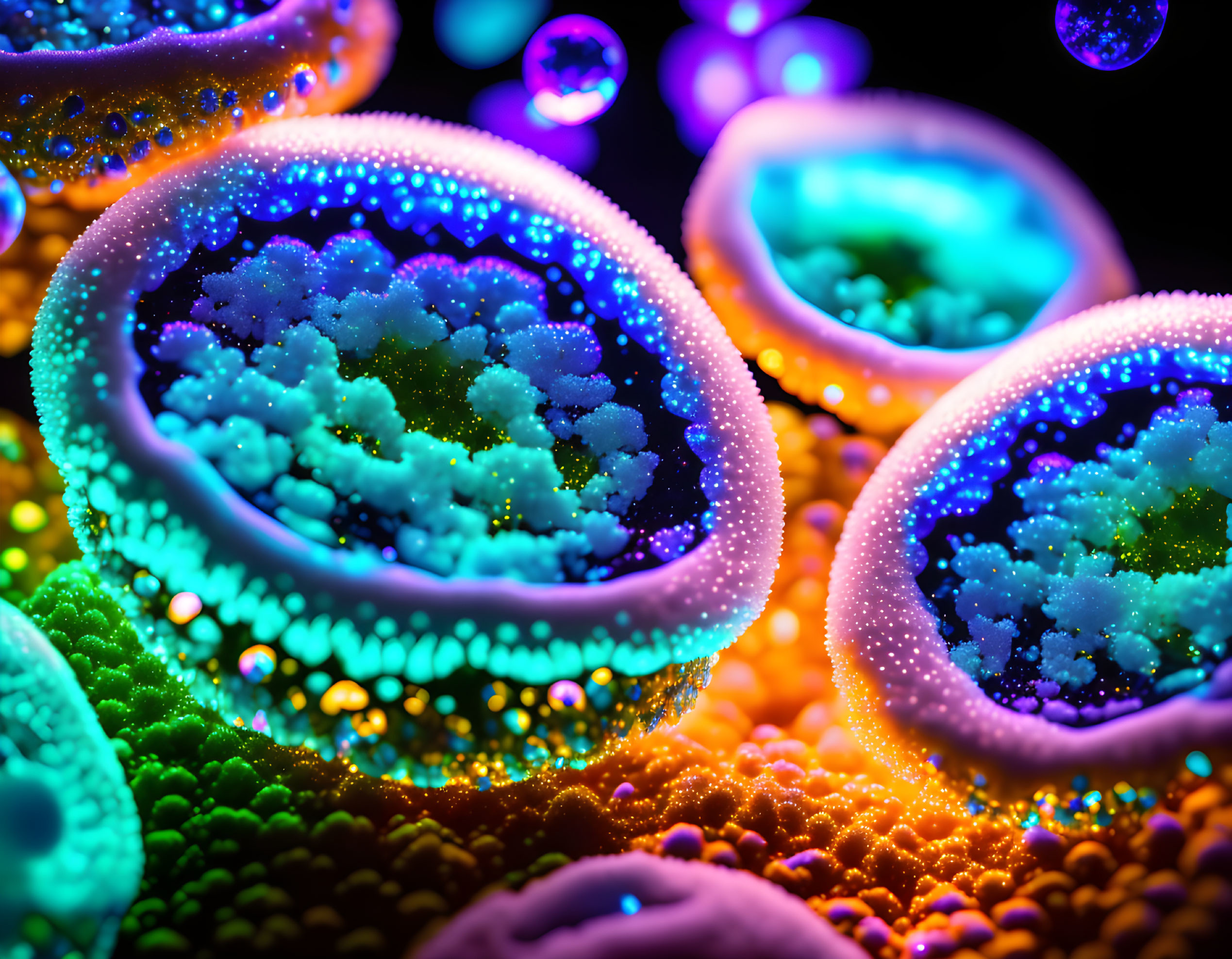 Detailed Neon-Colored Spheres Illustration on Dark Background