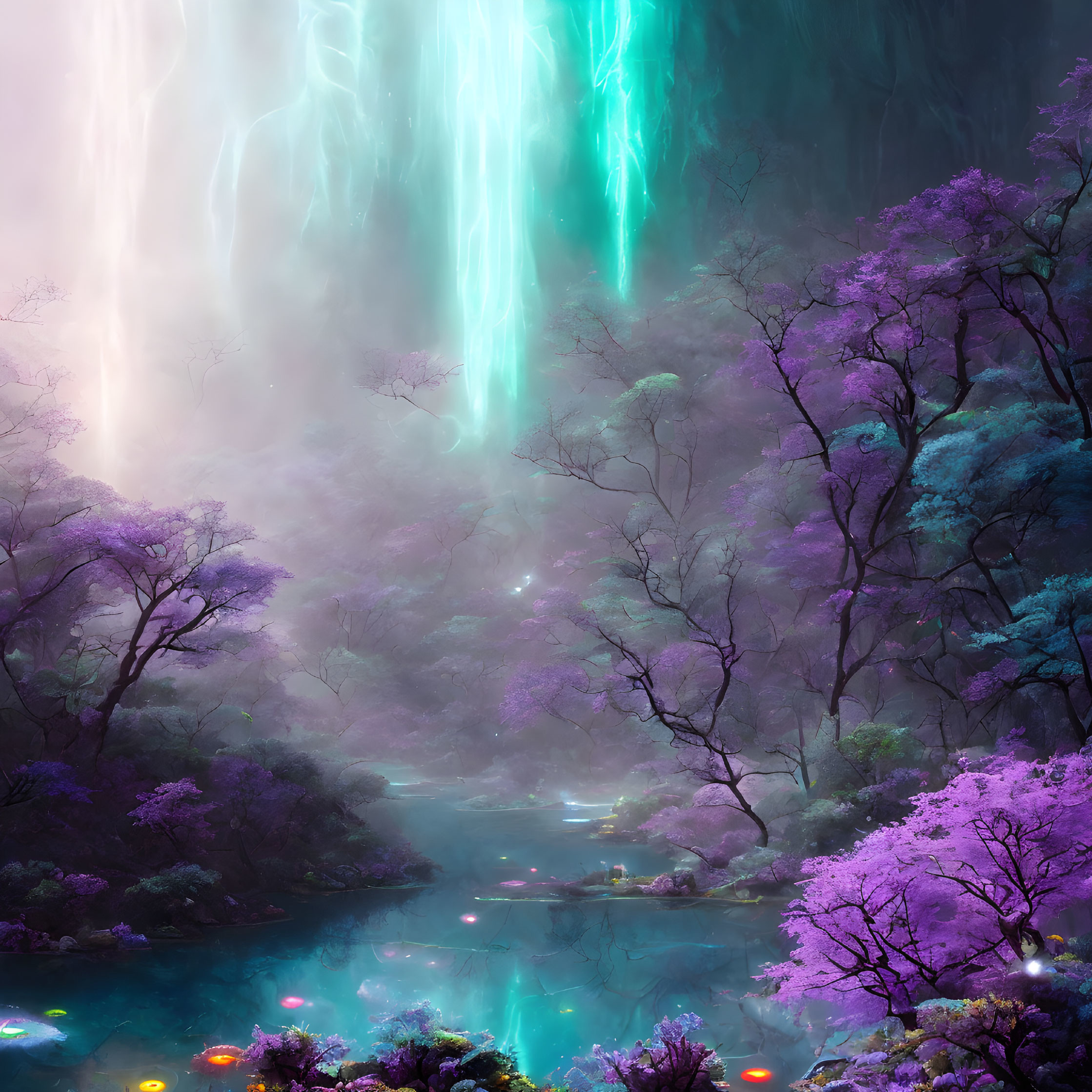 Vibrant purple foliage and turquoise waterfall in mystical forest