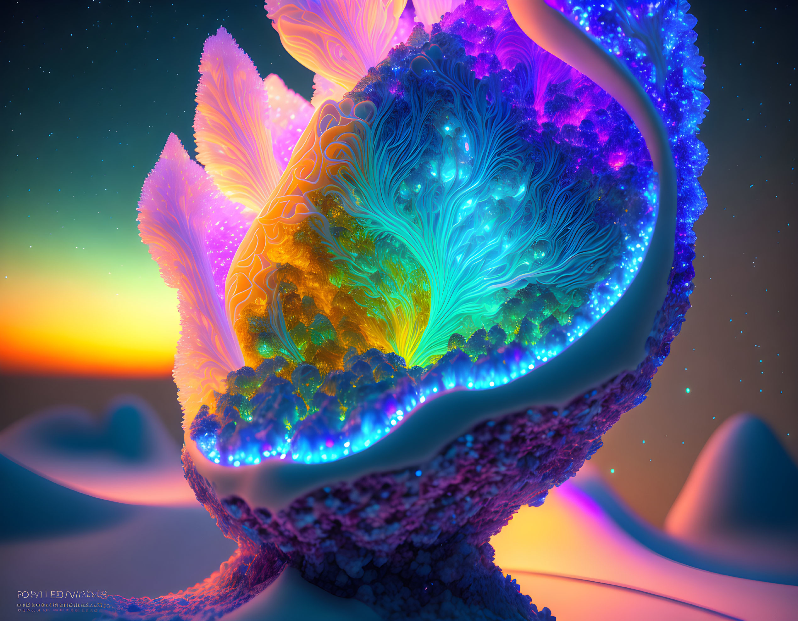 Colorful fractal plant in fantastical landscape under sunset sky