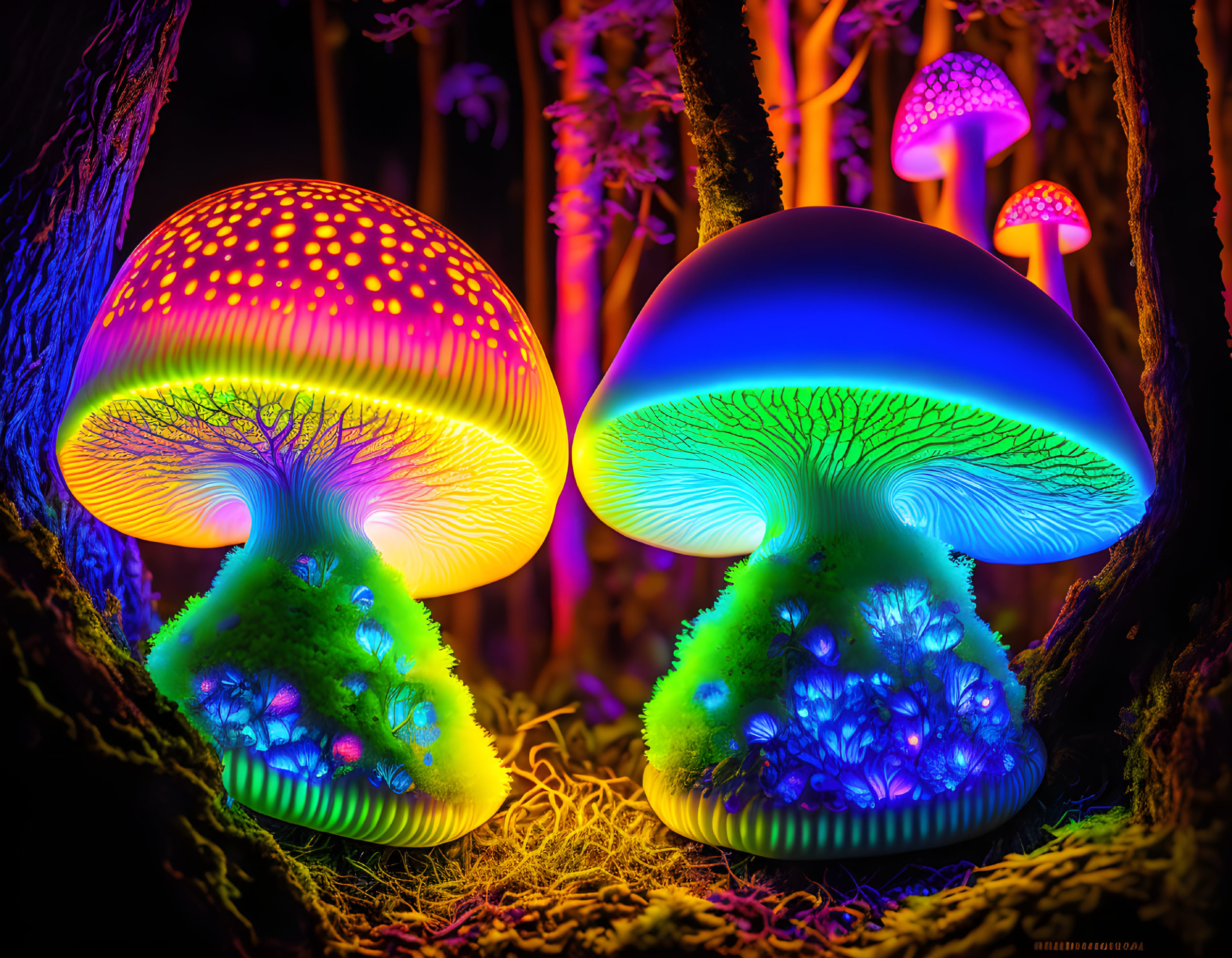 Vivid Glowing Mushrooms in Neon-lit Enchanted Forest