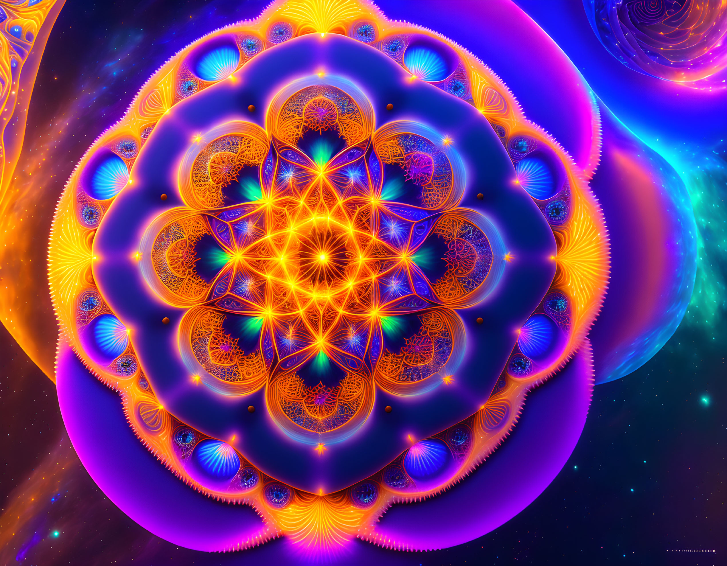 Colorful Neon Mandala Artwork in Purple and Gold with Fractal Patterns