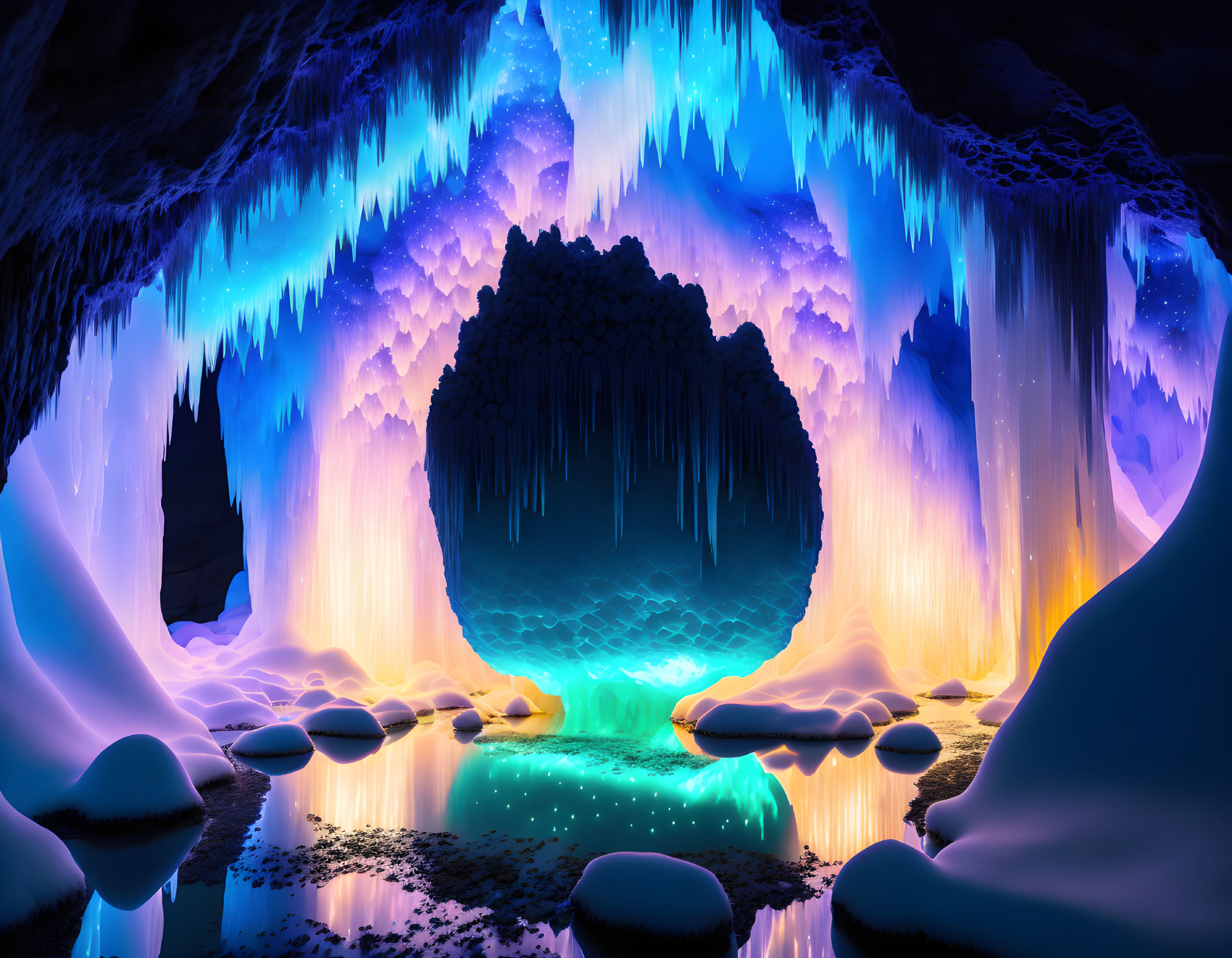 Ethereal blue and warm yellow-lit ice cave with stalactites and glowing water pool