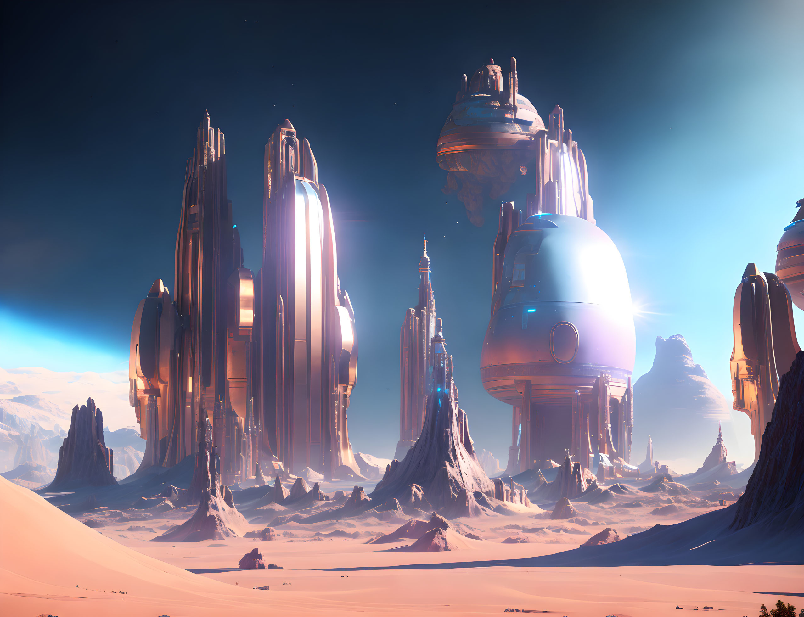 Futuristic cityscape in desert under clear sky