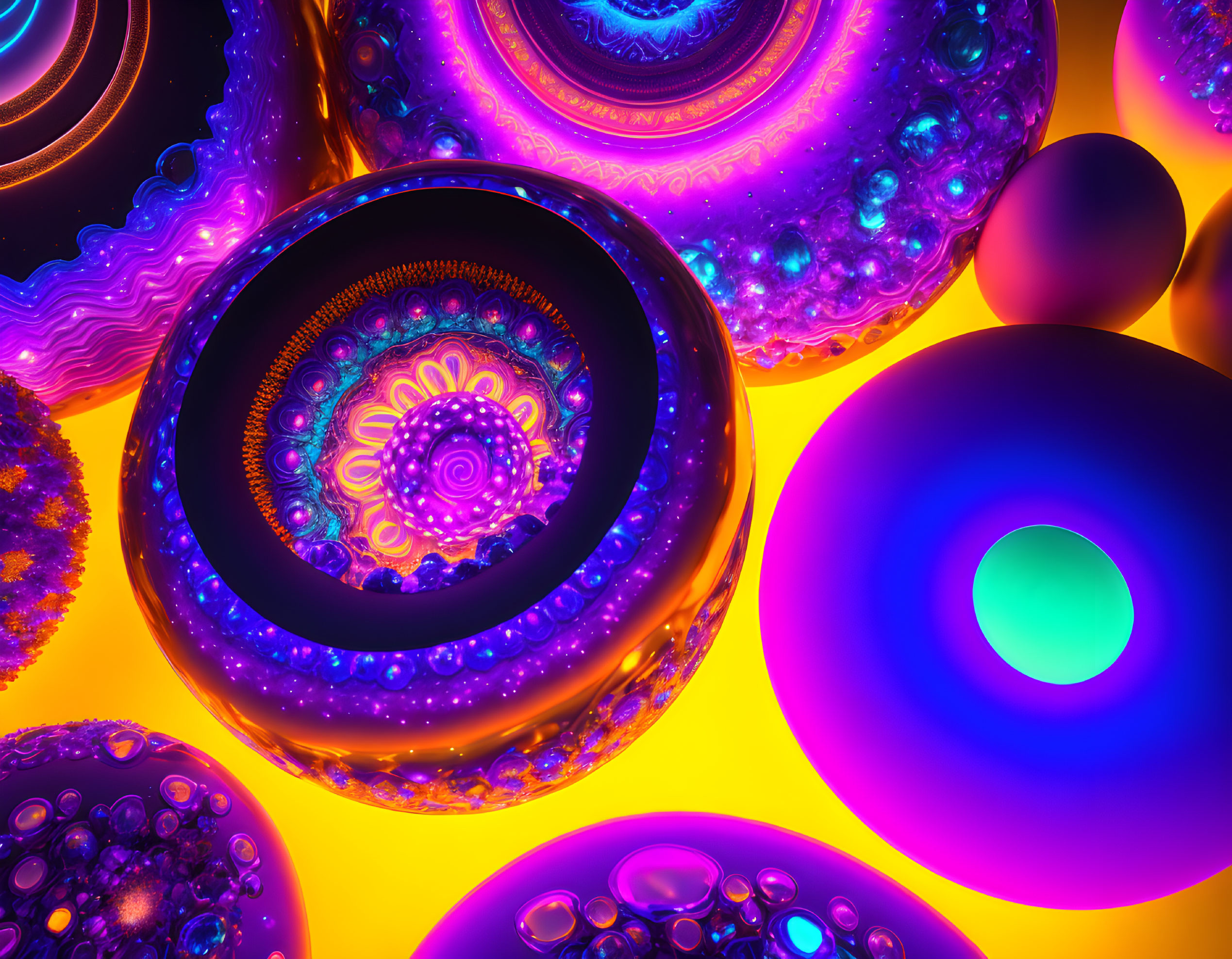 Colorful Neon Fractal Art with Swirling Patterns and Glowing Spheres