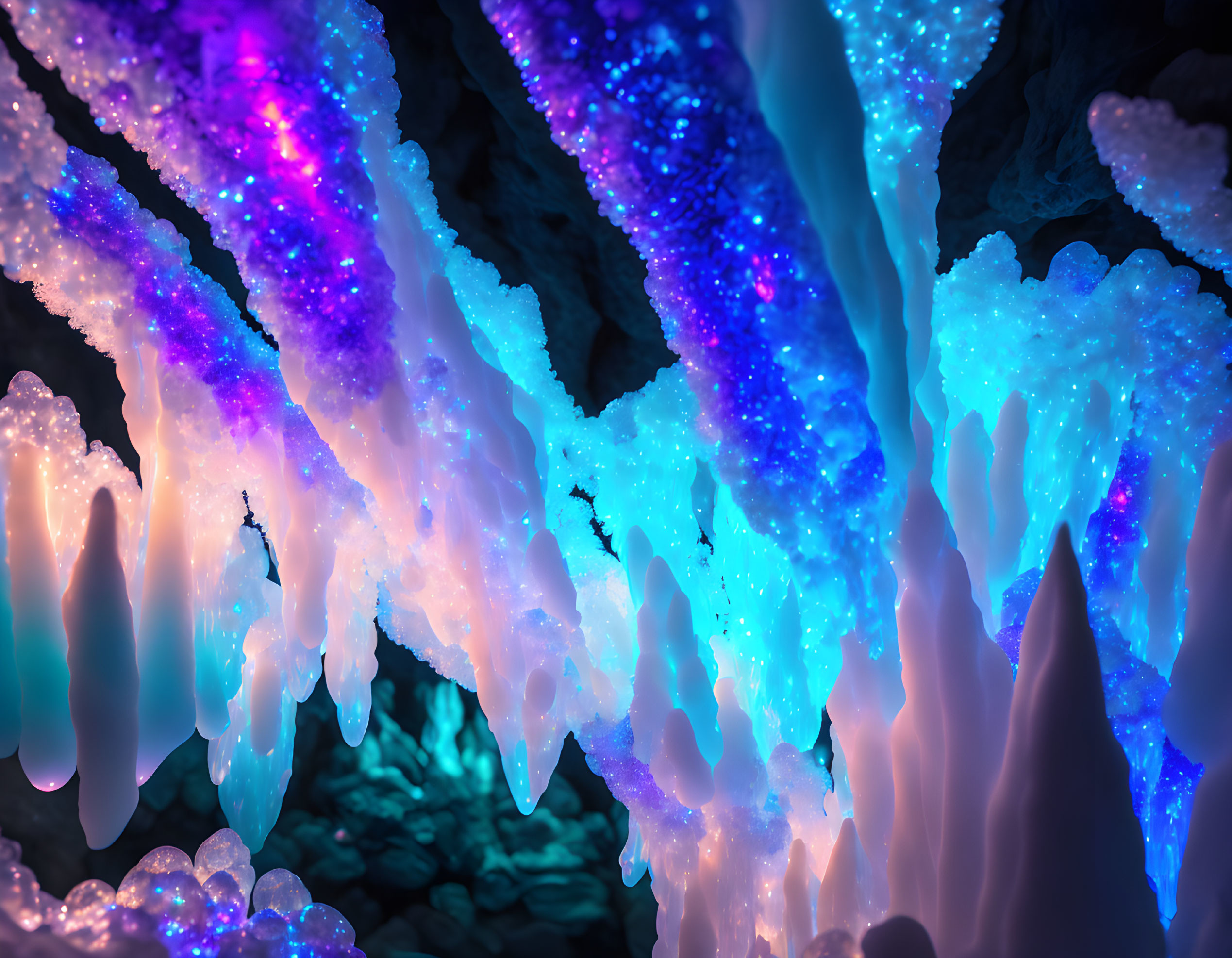 Blue and Purple Glowing Formations in Fantasy Cave Setting