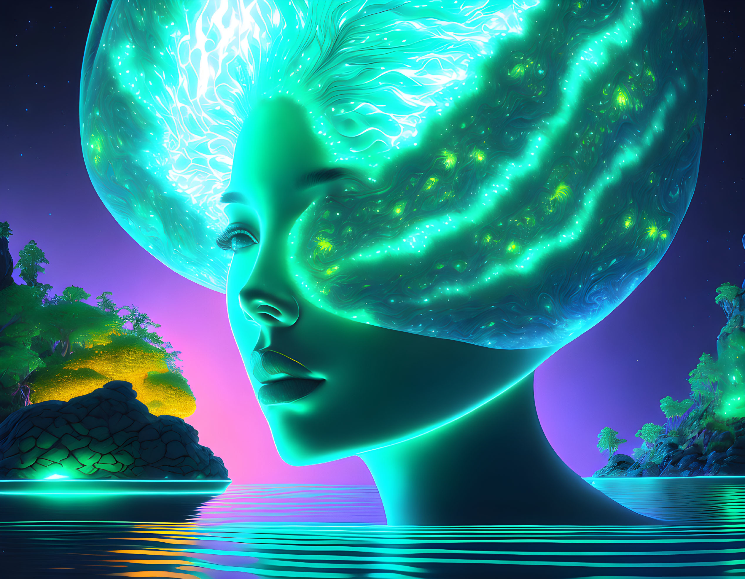 Neon-colored woman's profile with cosmic hair in surreal setting