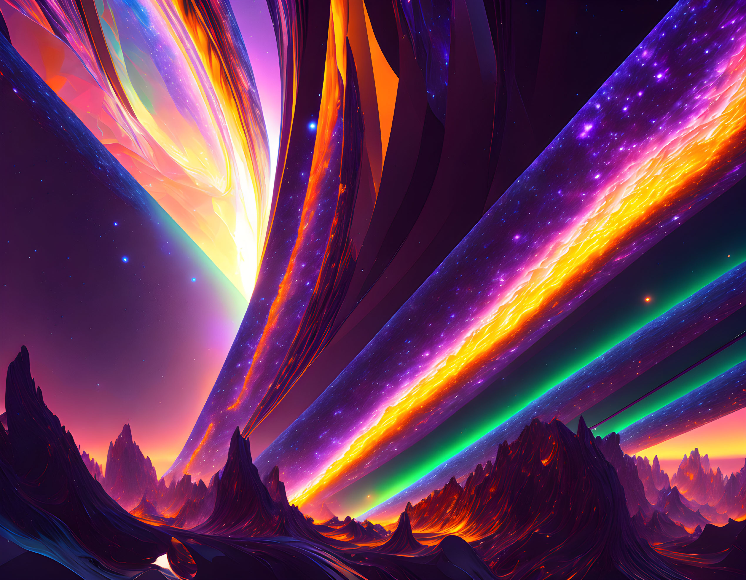 Vibrant digital landscape with colorful aurora streaks above dark mountains