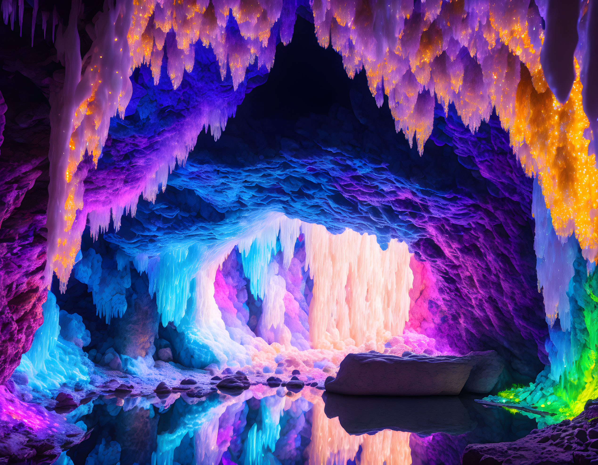 Colorful Cave with Icicle-Like Formations and Water Reflections