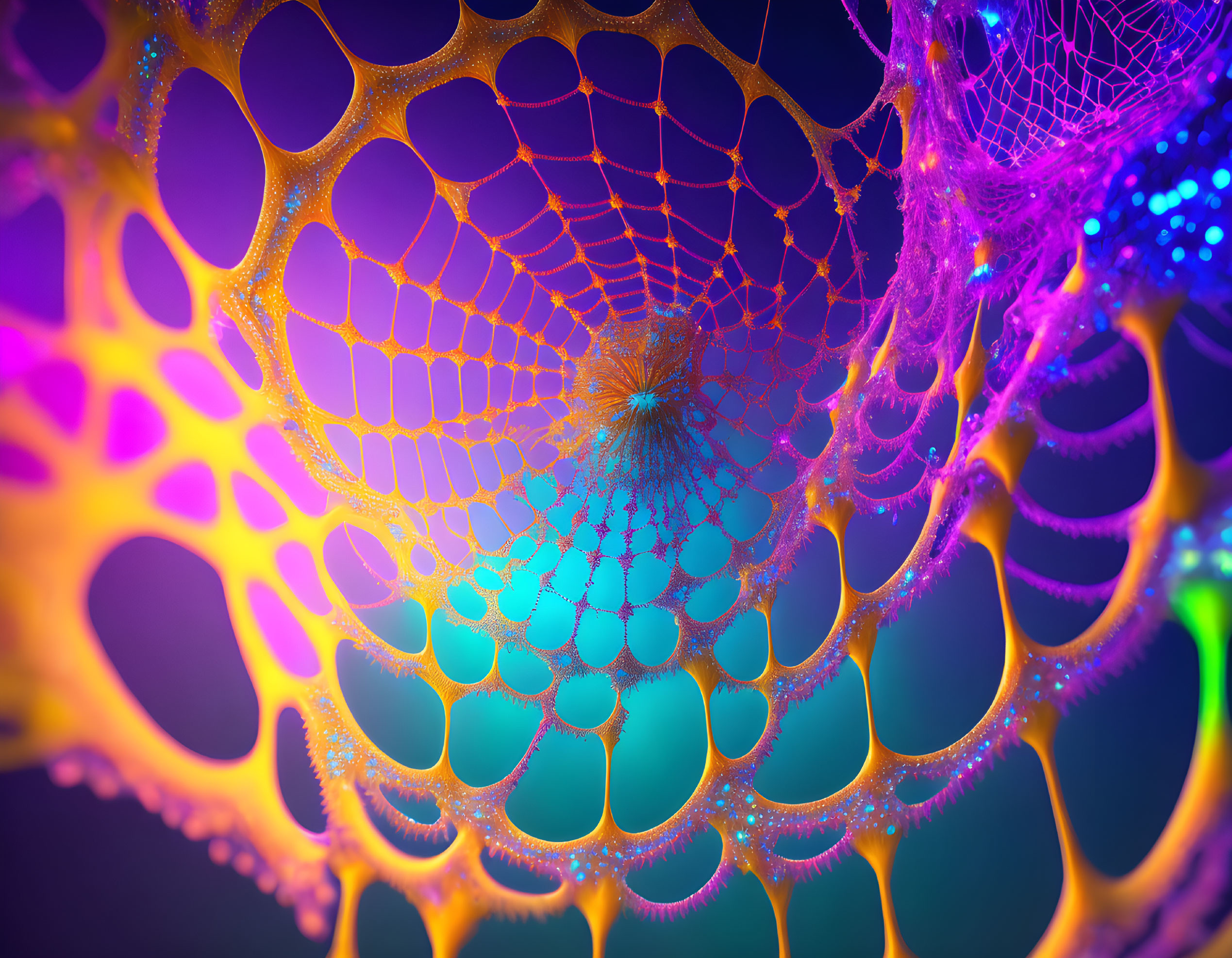 Colorful Close-Up of Spider Web with Neon Hues on Blue Background