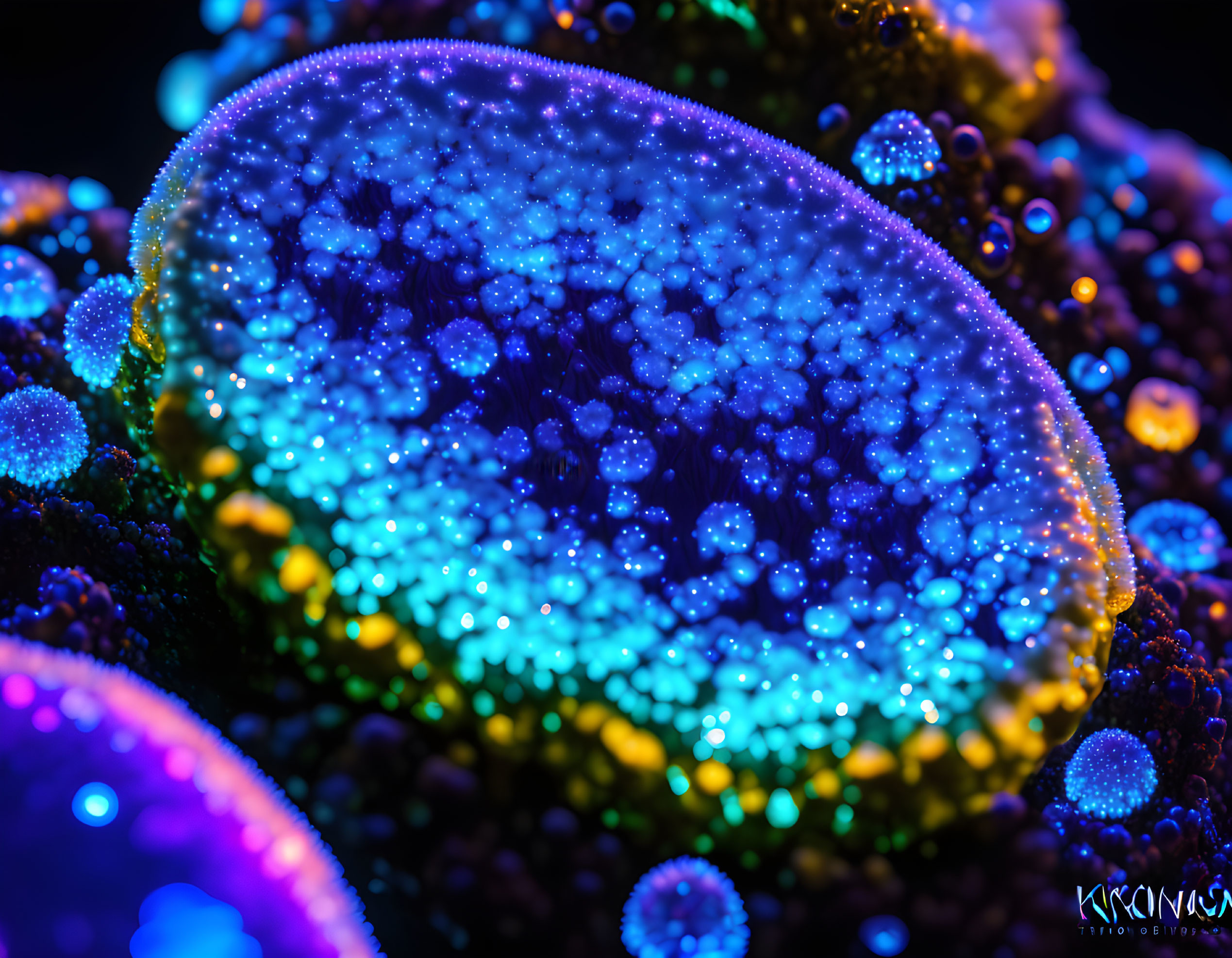 Colorful iridescent bubbles clustered together under dark lighting.