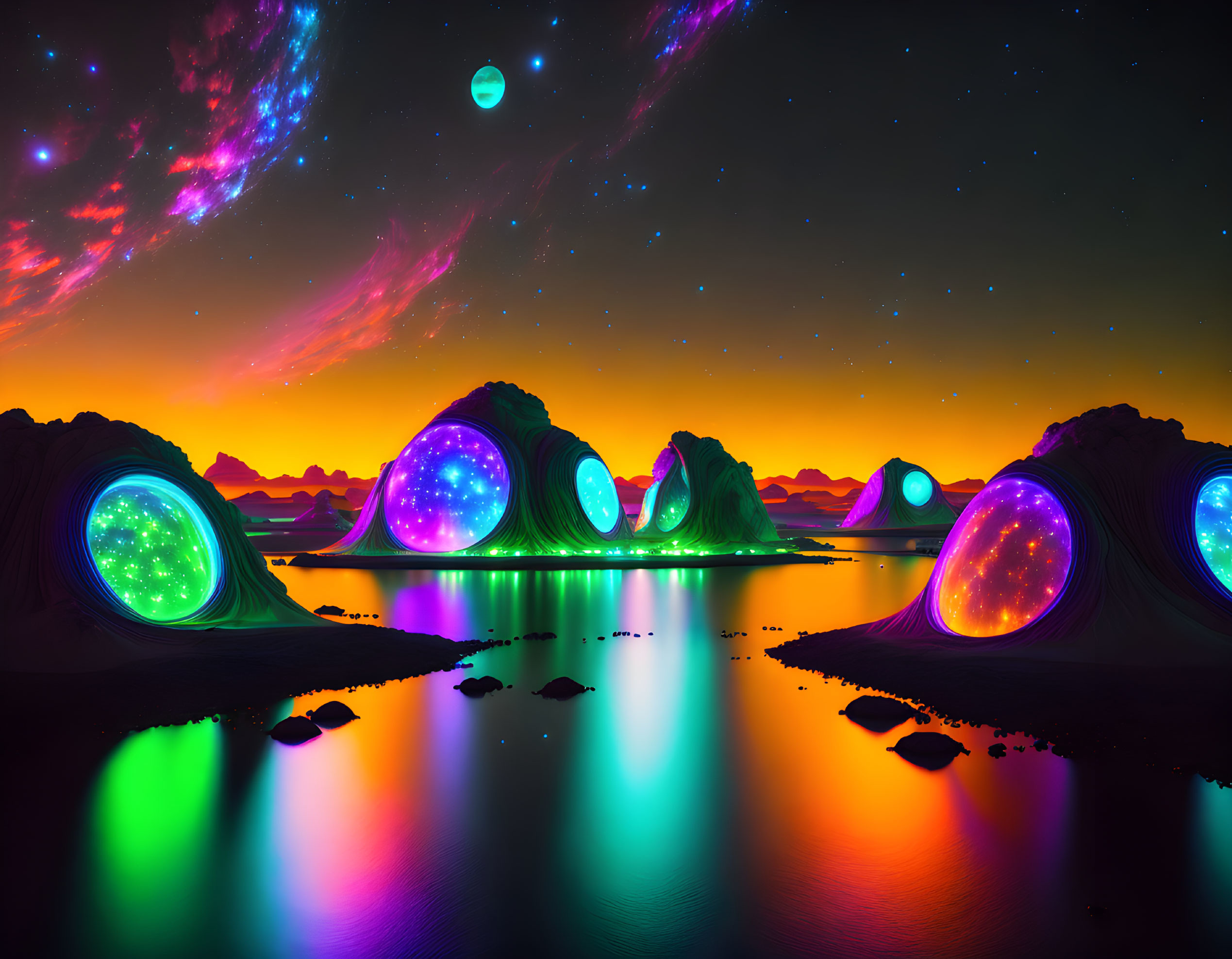 Vibrant glowing domes in fantasy landscape with hills and starry sky reflected on water.