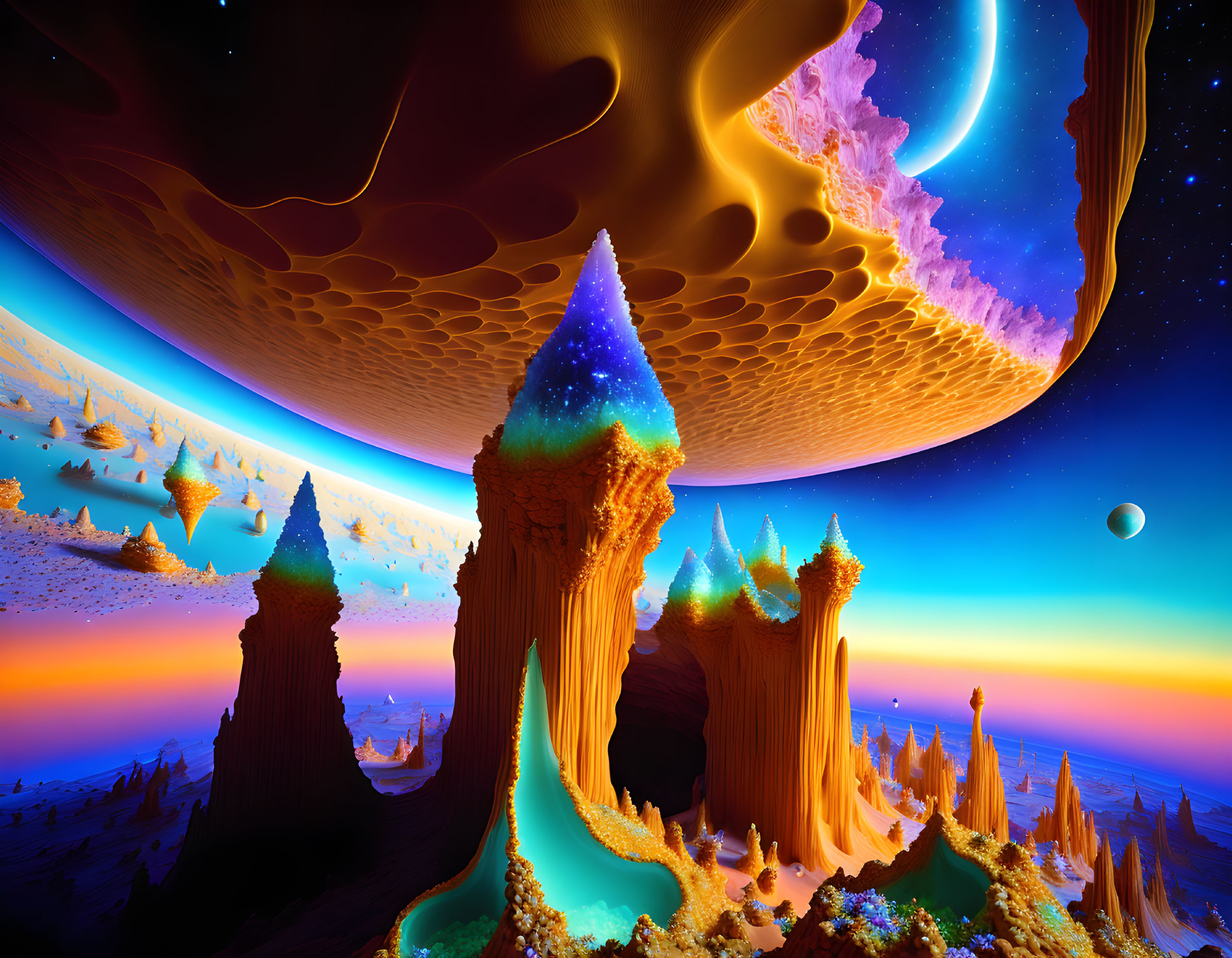 Alien planet and moon over towering rock formations