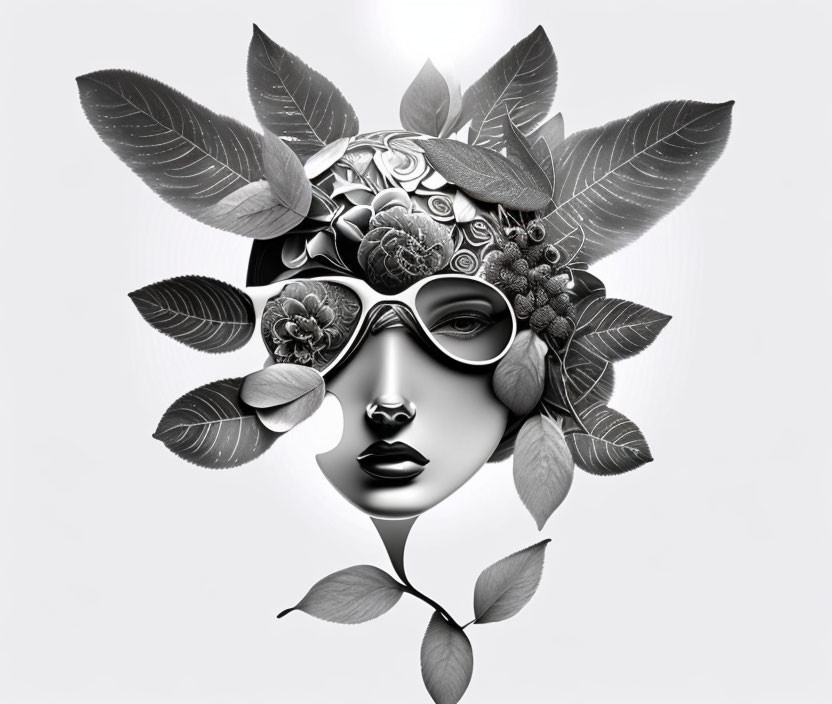 Monochromatic female face art with floral and mechanical elements