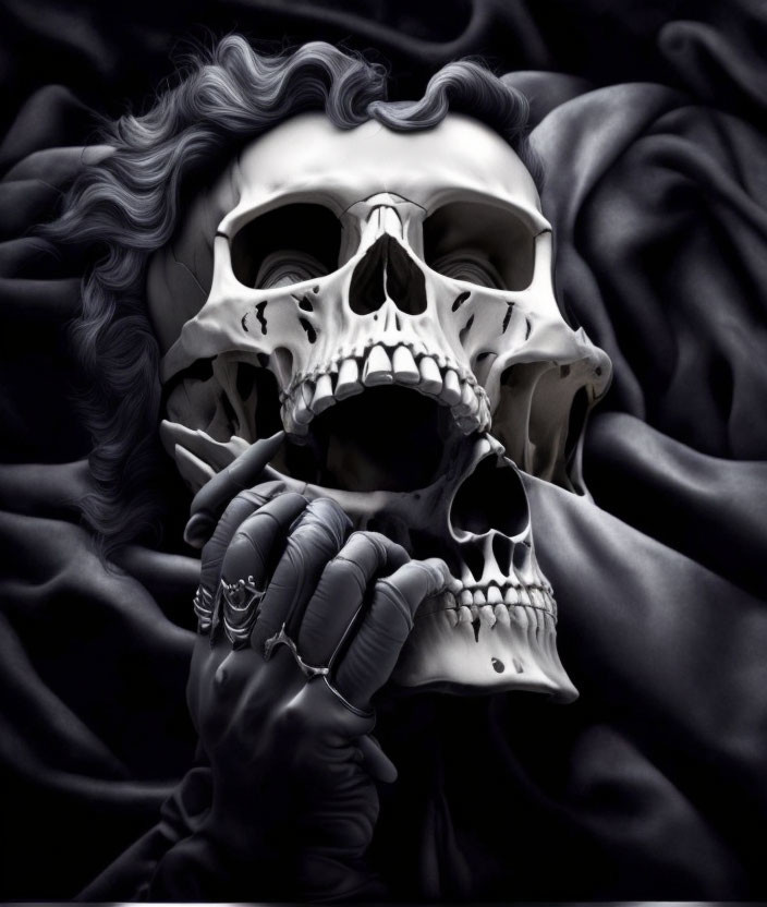 Monochromatic artwork of skull-faced figure with skeletal hand in fabric setting