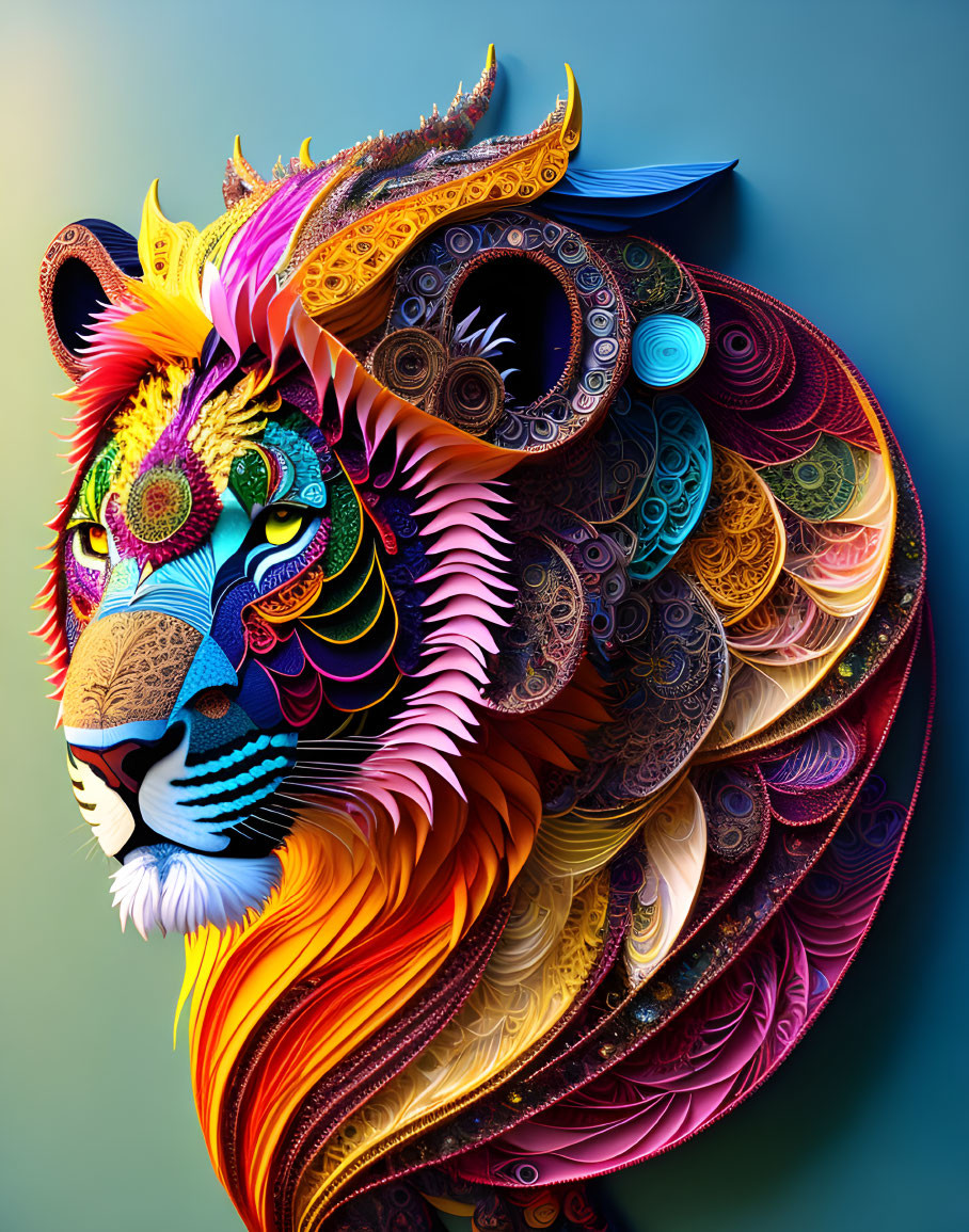 Colorful Paper Art Lion Against Dual-tone Background