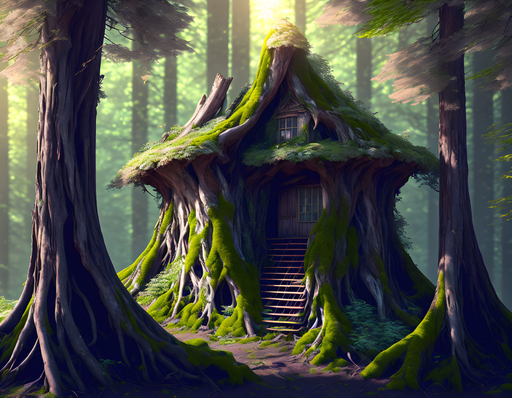 Enchanted forest treehouse with steep staircase