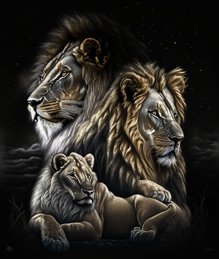 Three lions under starry night sky backdrop