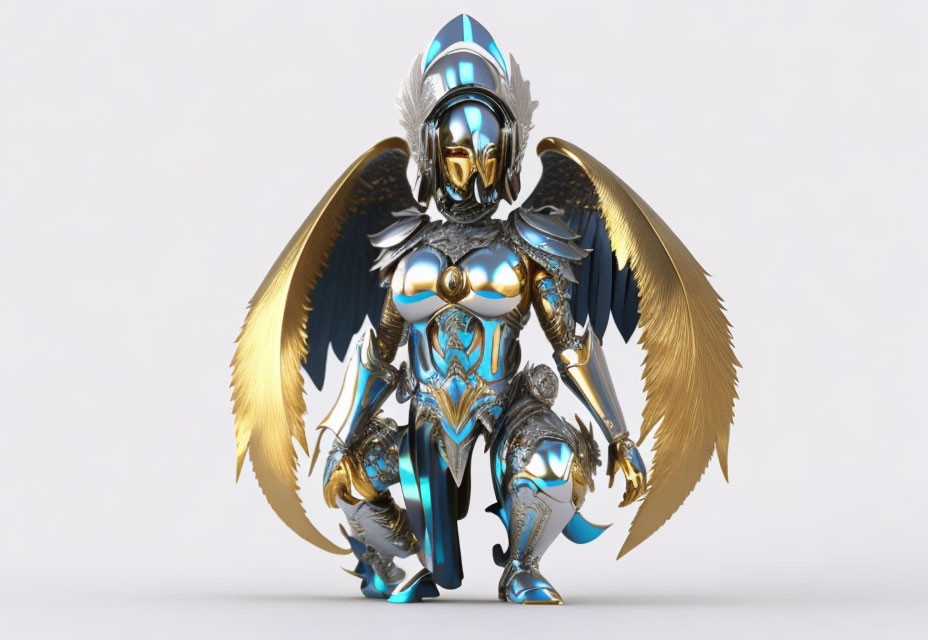 Majestic winged knight in blue and gold armor with sword and plume