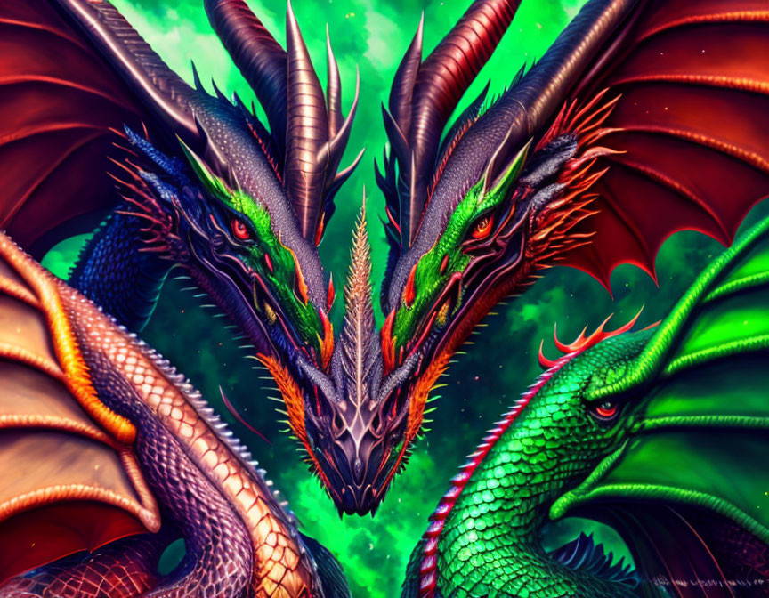 Vibrant fiery background with three colorful dragons - mythical aura