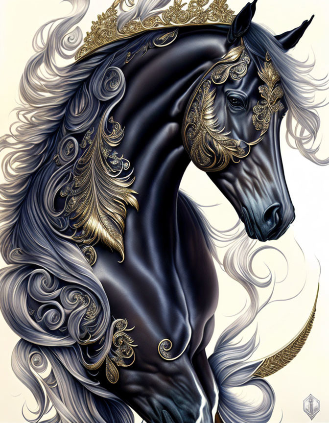 Majestic black horse with ornate golden bridle and headdress