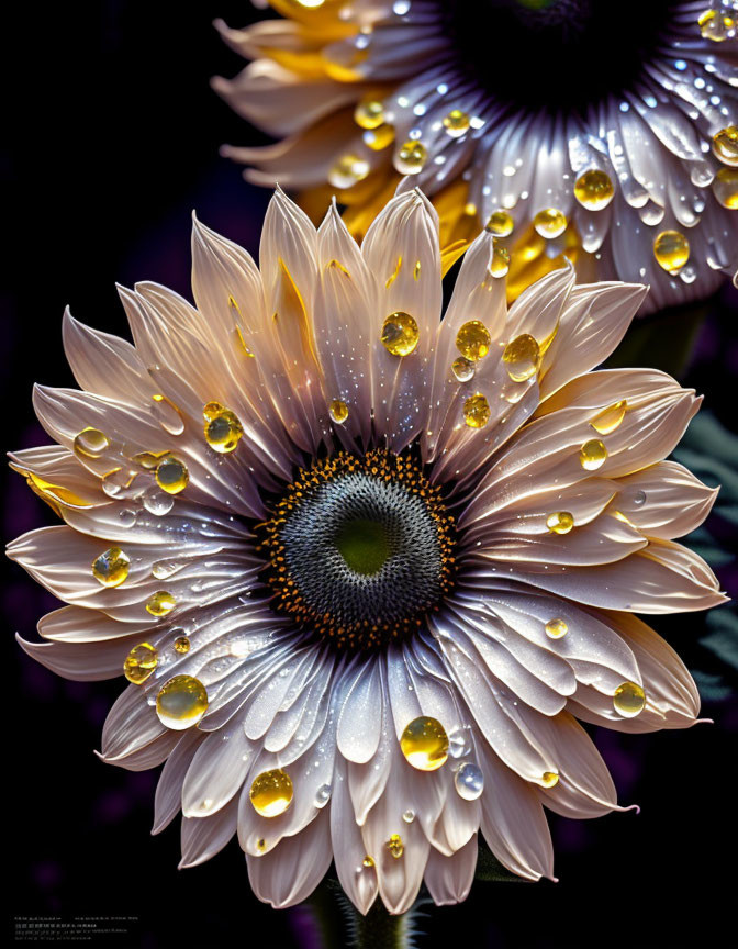 Pale Pink Daisy with Water Droplets on Petals against Dark Background