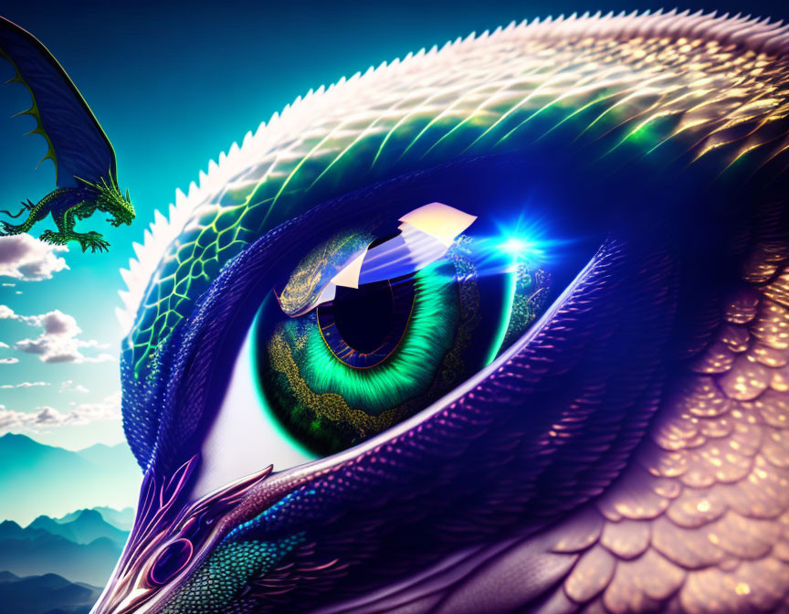 Vibrant dragon eye with iridescent scales against blue sky