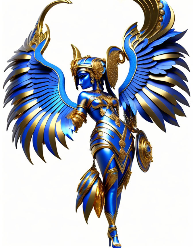 Digital Artwork: Figure in Blue and Gold Armor with Majestic Wings and Intricate Headdress