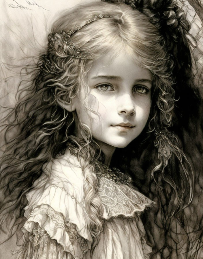 Detailed pencil drawing of a young girl with curly hair and lace-collar dress