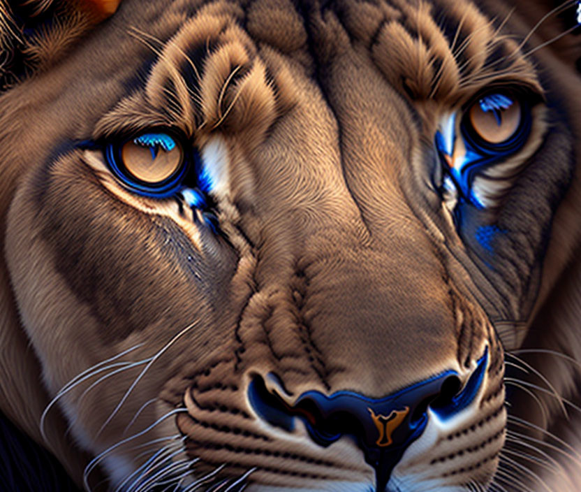 Detailed Tiger Face Digital Art with Striking Blue Eyes