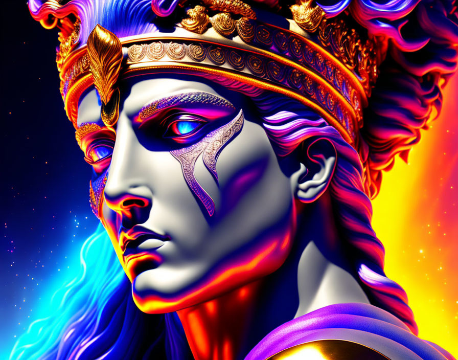 Mythical Figure with Golden Crown in Vibrant Digital Art