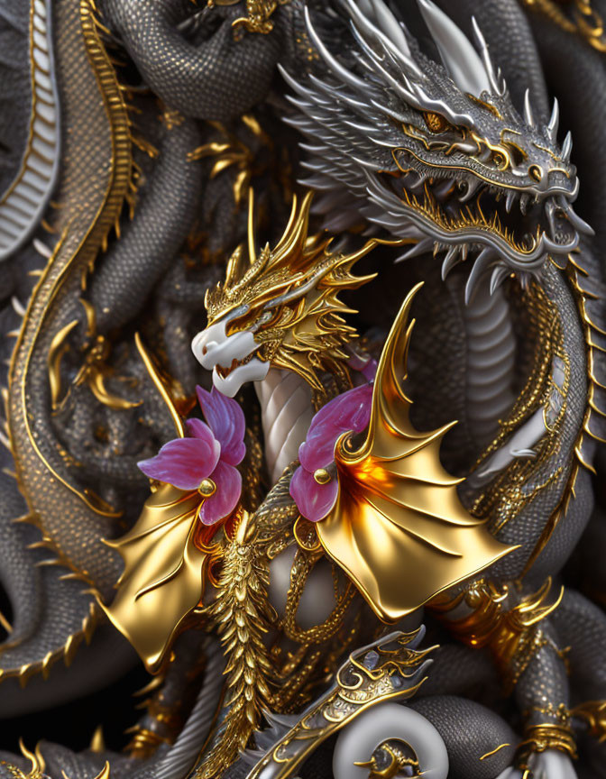 Detailed Golden and Silver Dragon with Intricate Scales and Gold Accents Holding Magenta Flower