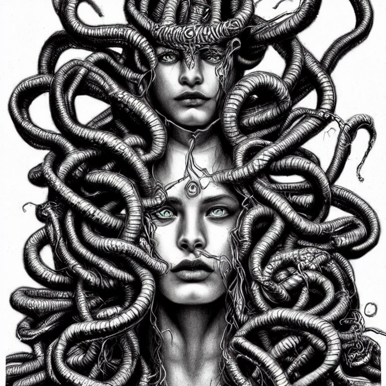 Detailed black and white illustration: Two serene faces surrounded by intricate serpentine coils